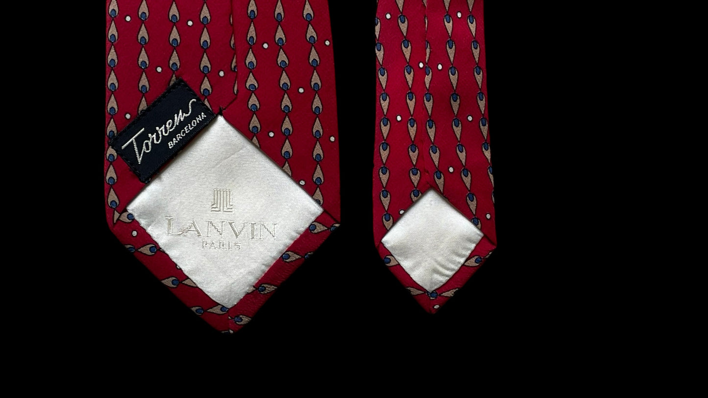 LANVIN Vintage Red Geometric Abstract Crepe Silk Tie ( 7 cm by 150.5 cm) Smaller Front Size, Longer Length