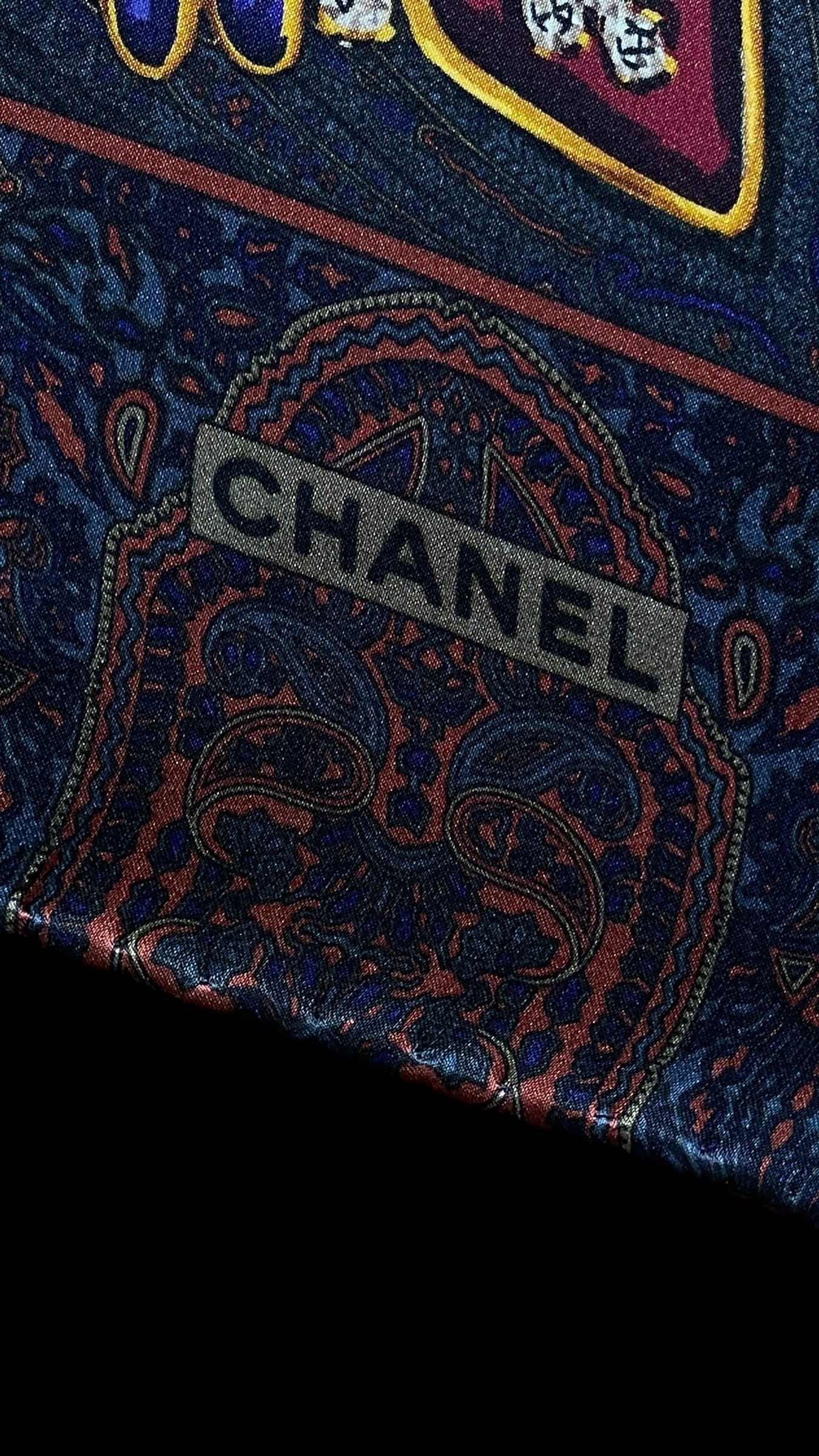 CHANEL Vintage Dark Grey Jewel/Paisley Crepe Silk Scarf (87 cm by 87 cm) Hand rolled Hem.