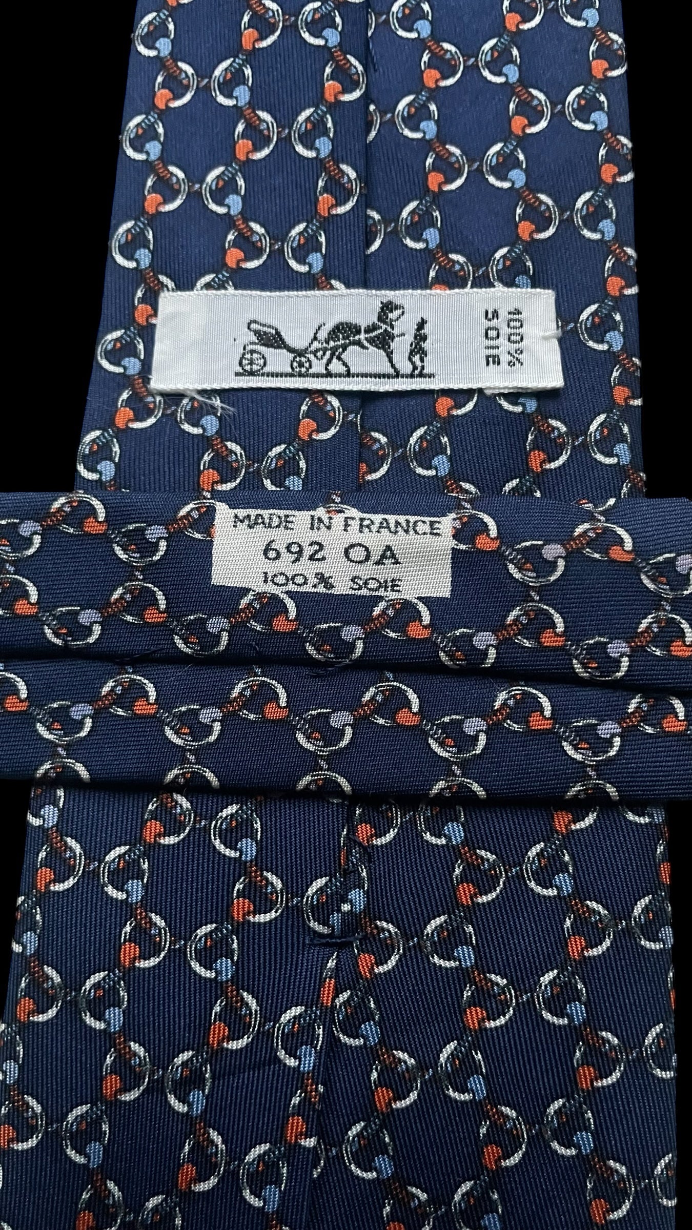 HERMES Vintage Navy Blue Equestrian Silk Tie (9.6 cm by 140 cm) Medium Front Size.