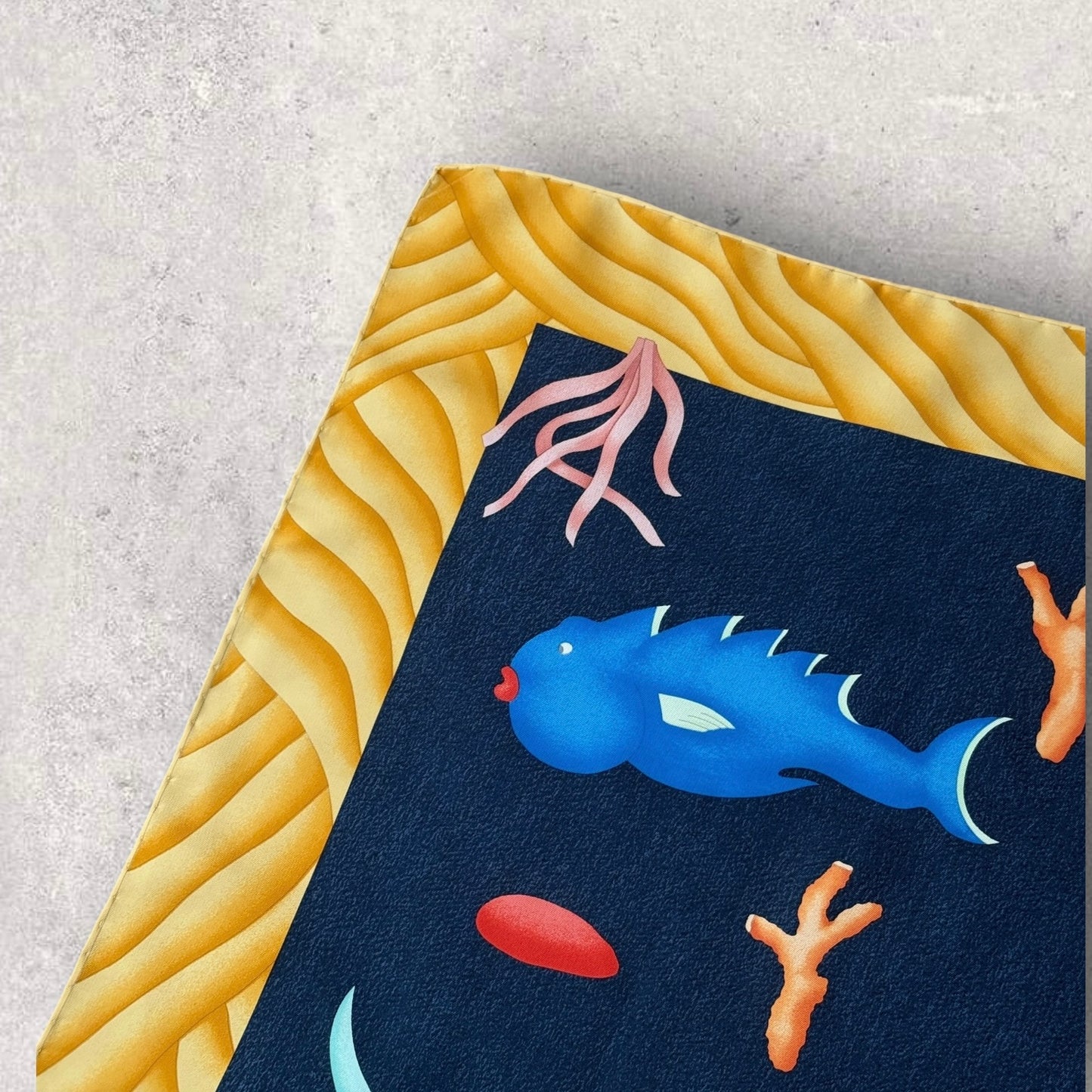 BVLGARI Vintage Navy Blue Fishes Silk Scarf. Hand rolled hem (83 cm by 84 cm) designed by Davide Pizzigoni
