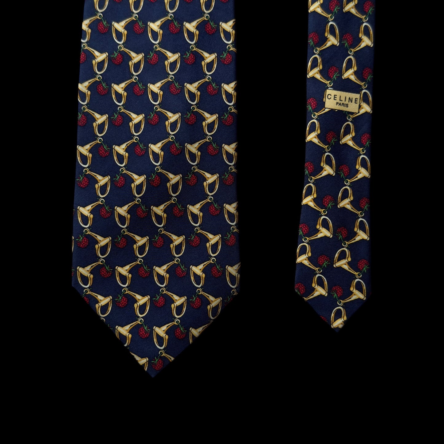 CELINE Vintage Navy Blue Equestrian Fruits Silk Tie (9 cm by 149 cm) Normal Front Width.