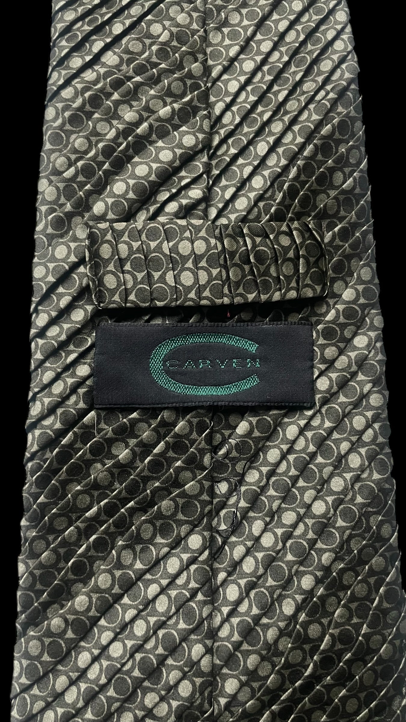 CARVEN Vintage Pleated Crepe Silk Tie (9.4 cm by 147 cm) Geometric Printed.