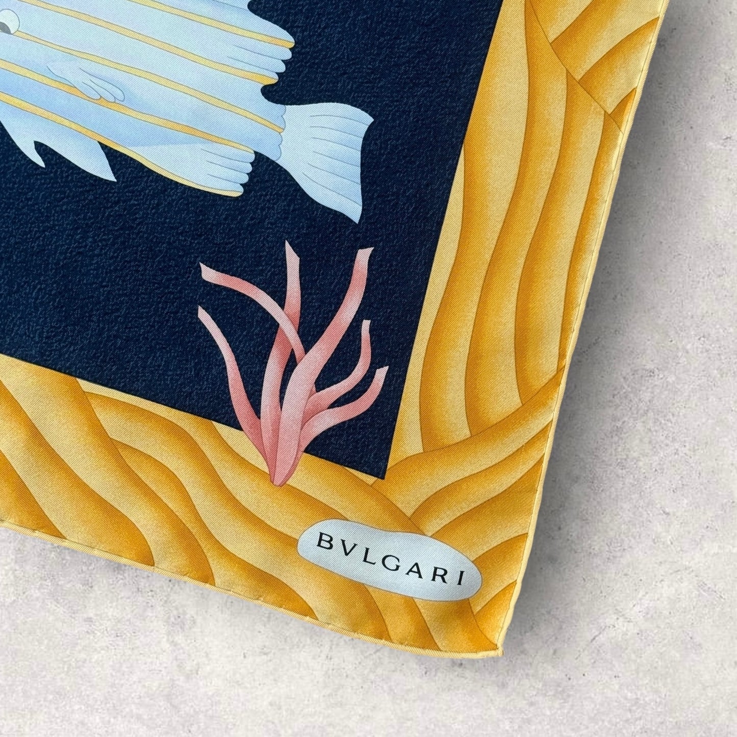 BVLGARI Vintage Navy Blue Fishes Silk Scarf. Hand rolled hem (83 cm by 84 cm) designed by Davide Pizzigoni