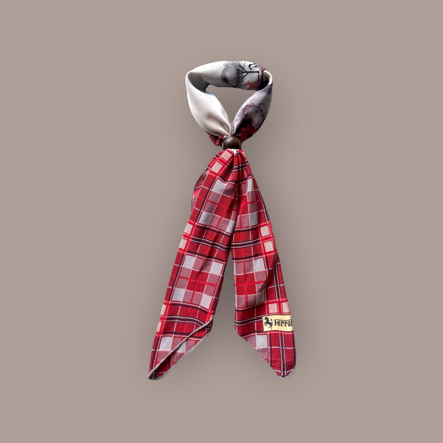 FERRARI vintage Equestrian crepe silk scarf (88 cm by 83 cm). Hand rolled hem