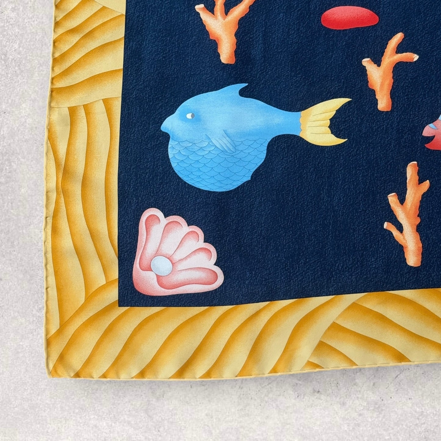BVLGARI Vintage Navy Blue Fishes Silk Scarf. Hand rolled hem (83 cm by 84 cm) designed by Davide Pizzigoni