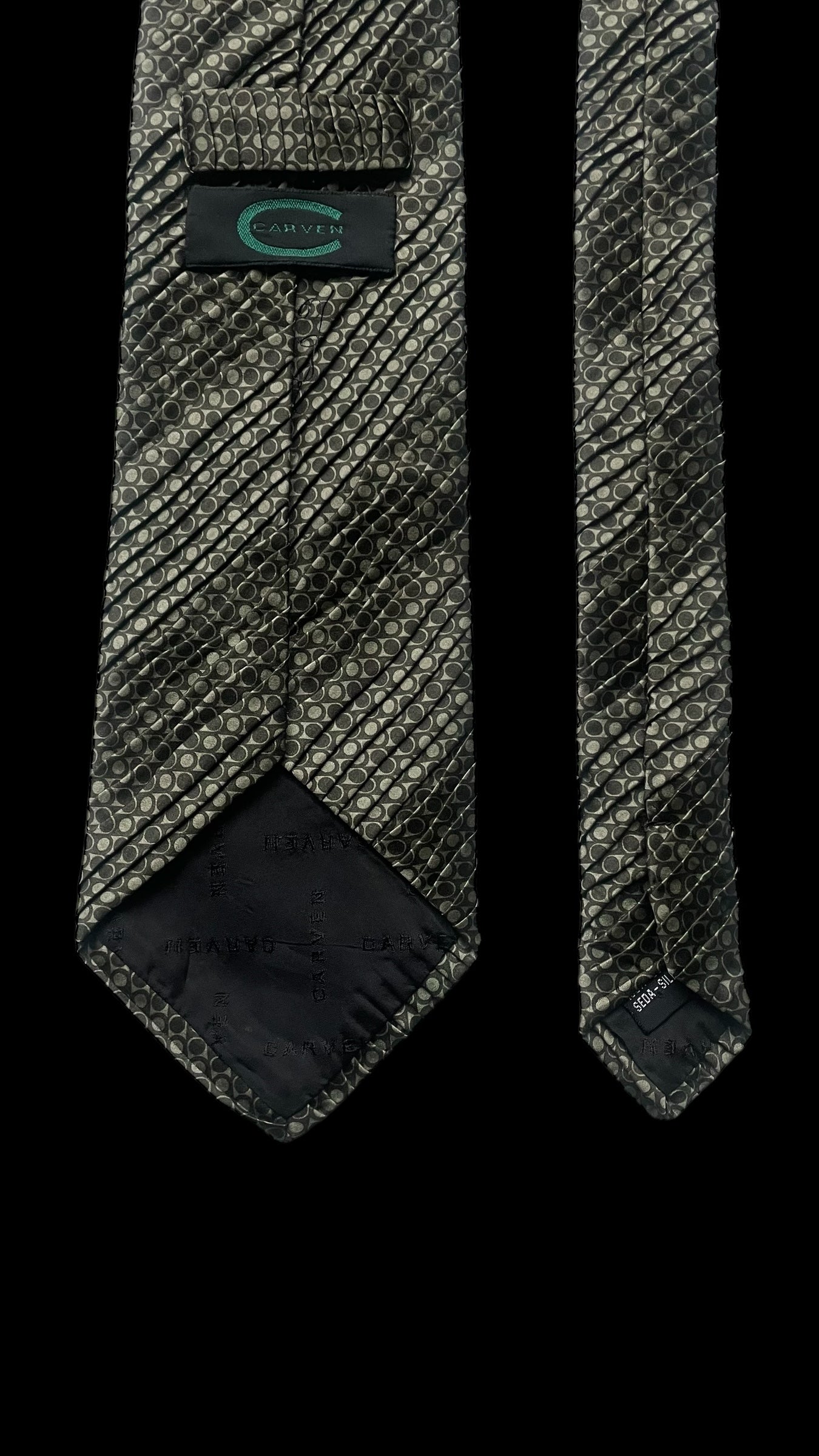 CARVEN Vintage Pleated Crepe Silk Tie (9.4 cm by 147 cm) Geometric Printed.