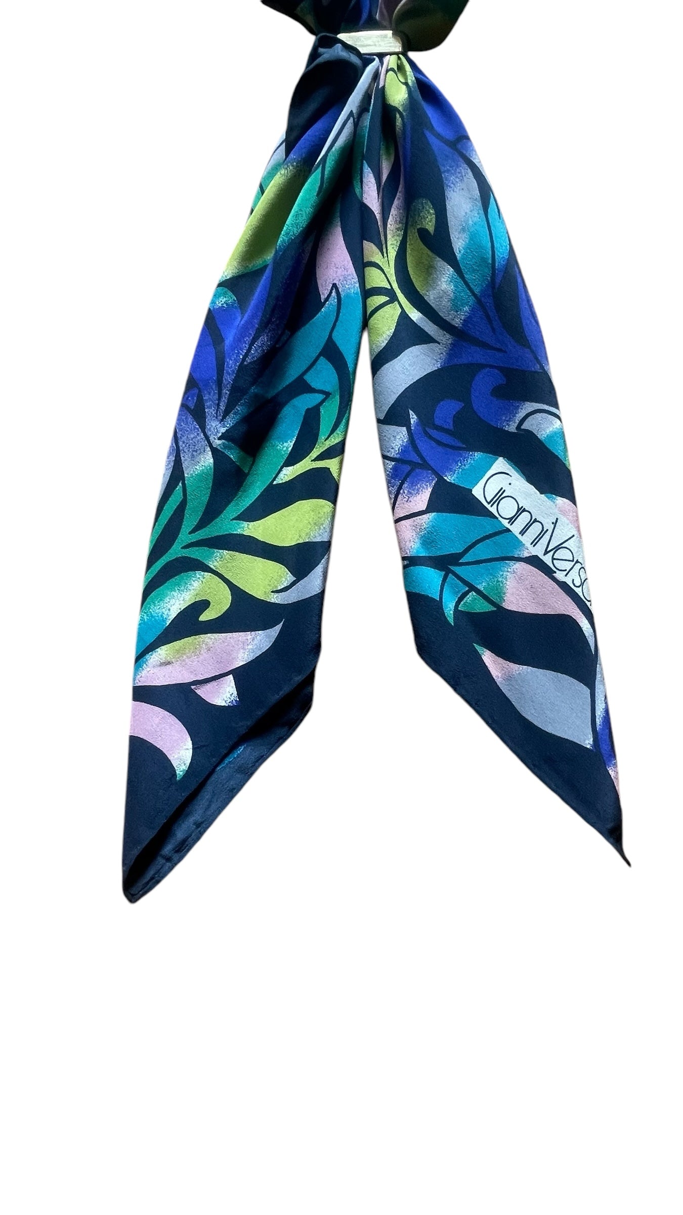 GIANNI VERSACE Vintage Black Abstract/Floral Crepe Silk Scarf (82 cm by 85 cm) Hand rolled edges.