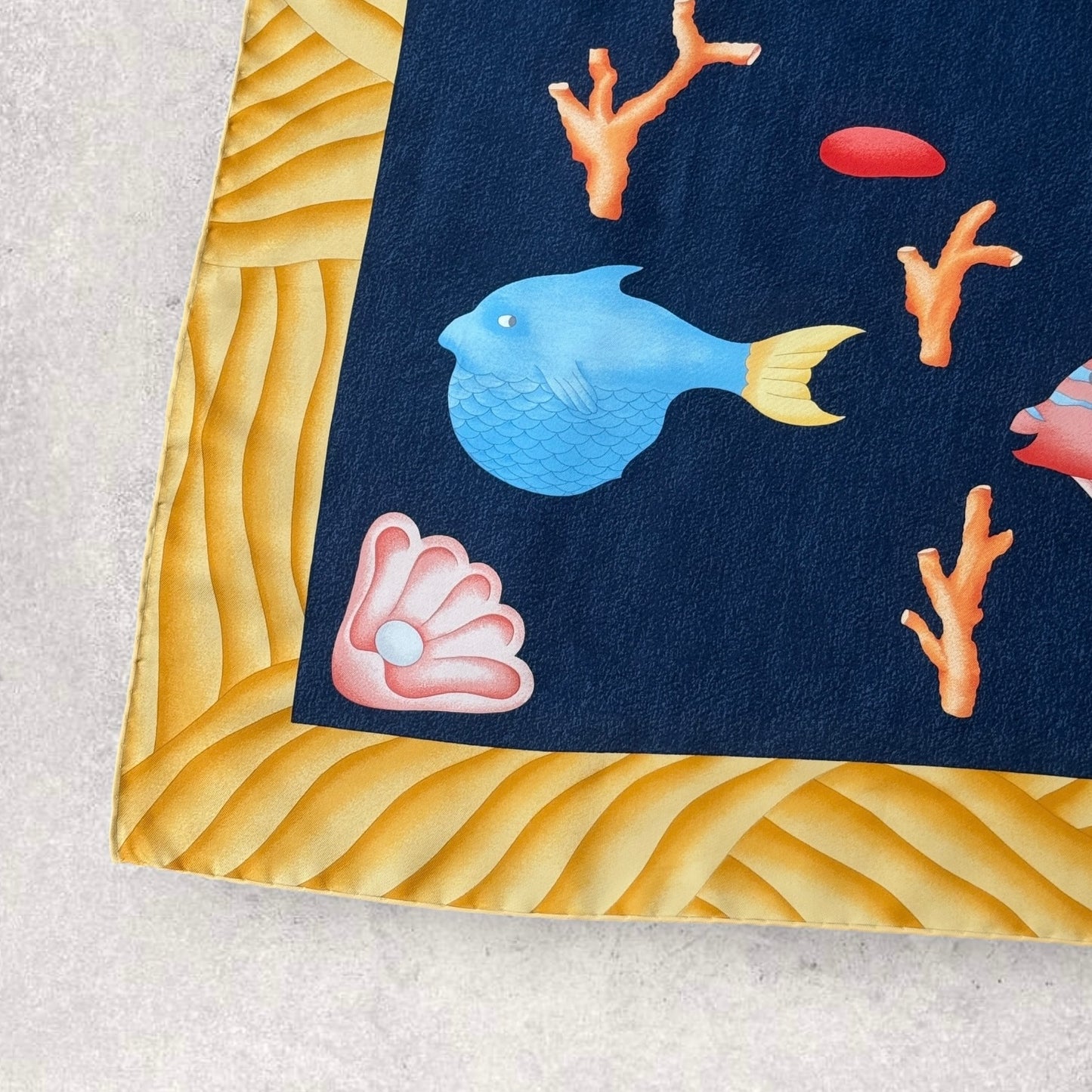 BVLGARI Vintage Navy Blue Fishes Silk Scarf. Hand rolled hem (83 cm by 84 cm) designed by Davide Pizzigoni