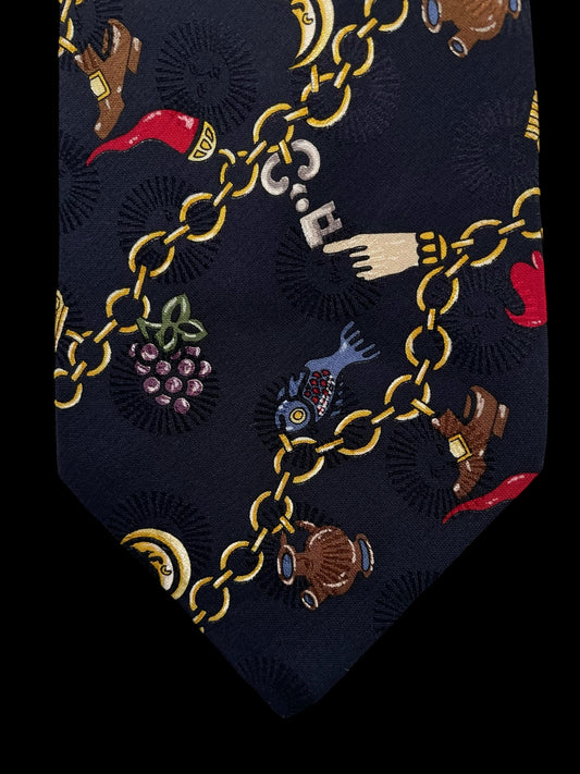 FORNASETTI Vintage Navy Blue Novelty Crepe Silk Jacquard Tie (9.7 cm by 154 cm) Longer Length.