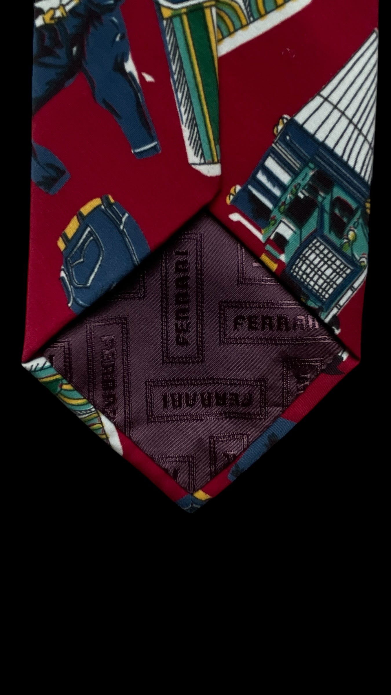 FERRARI Vintage Burgundy Novelty Crepe Silk Tie (8.8 cm by 144 cm) Medium front size.