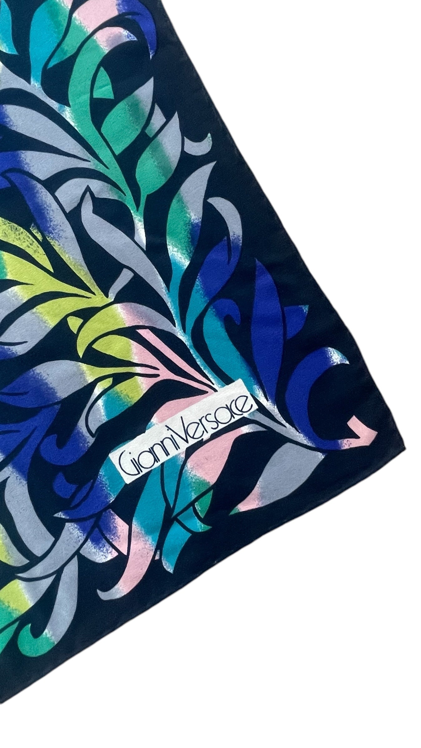 GIANNI VERSACE Vintage Black Abstract/Floral Crepe Silk Scarf (82 cm by 85 cm) Hand rolled edges.