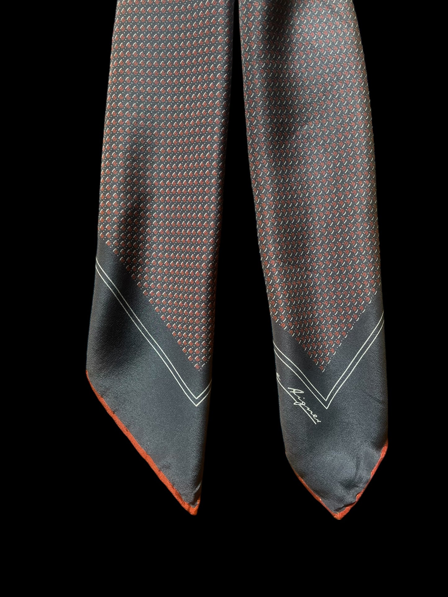 ETIENNE AIGNER Vintage Dark Grey Geometric/Logos Crepe Silk Scarf (87 cm by 87 cm) Hand rolled edges.