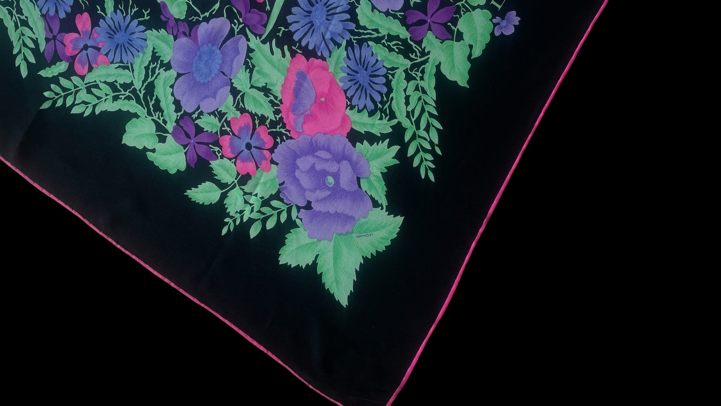 LEONARD Vintage Black Floral Crepe Silk Scarf (86 cm by 86 cm) Hand rolled edges.