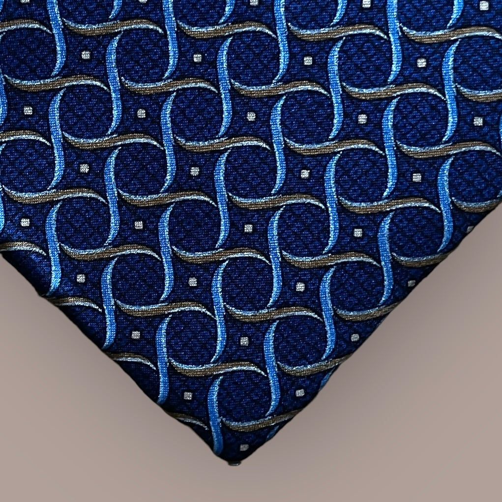 BRIONI Vintage Crepe Silk Tie-Pocket/Square set. Electric-blue geometric printed.