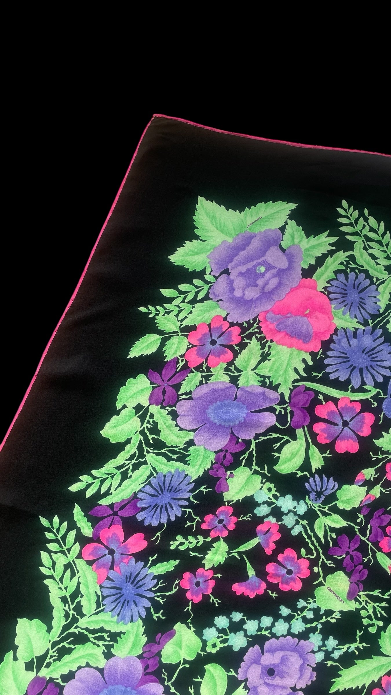 LEONARD Vintage Black Floral Crepe Silk Scarf (86 cm by 86 cm) Hand rolled edges.