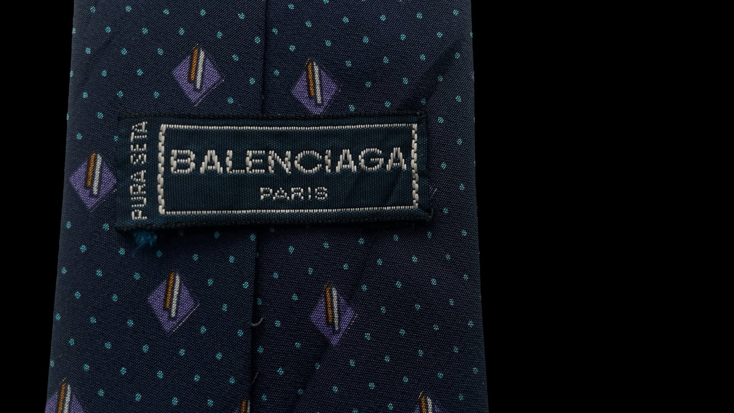 Navy Blue Geometric/Dots Vintage Crepe Silk Tie by BALENCIAGA (7.6 cm by 143 cm) Medium front size.