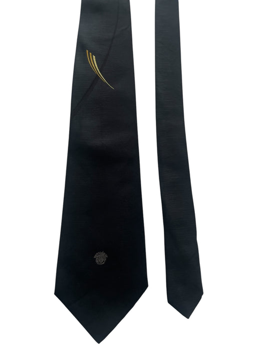 GIANNI VERSACE Vintage Black Silk Jacquard Tie (9.4 cm by 153.8 cm) Medusa Front Logo.