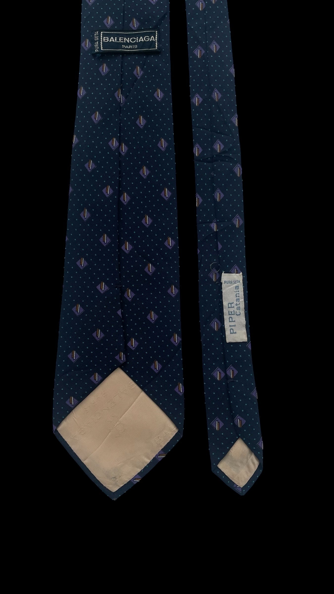 Navy Blue Geometric/Dots Vintage Crepe Silk Tie by BALENCIAGA (7.6 cm by 143 cm) Medium front size.