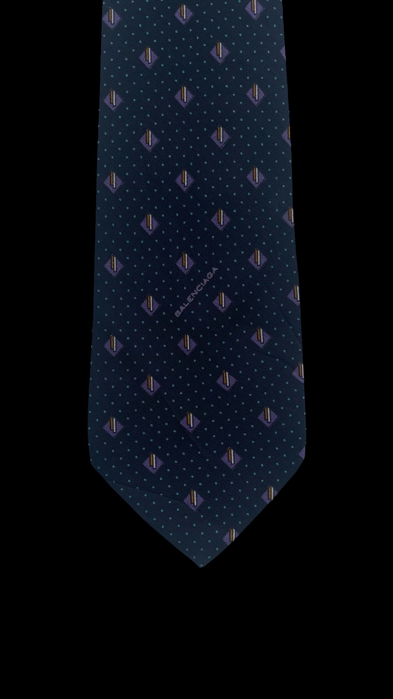 Navy Blue Geometric/Dots Vintage Crepe Silk Tie by BALENCIAGA (7.6 cm by 143 cm) Medium front size.