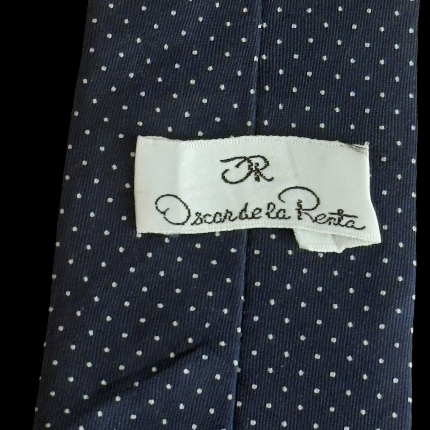 Vintage Navy Blue Polka Dots Silk Tie By OSCAR de la RENTA (8.3 cm by 147 cm)