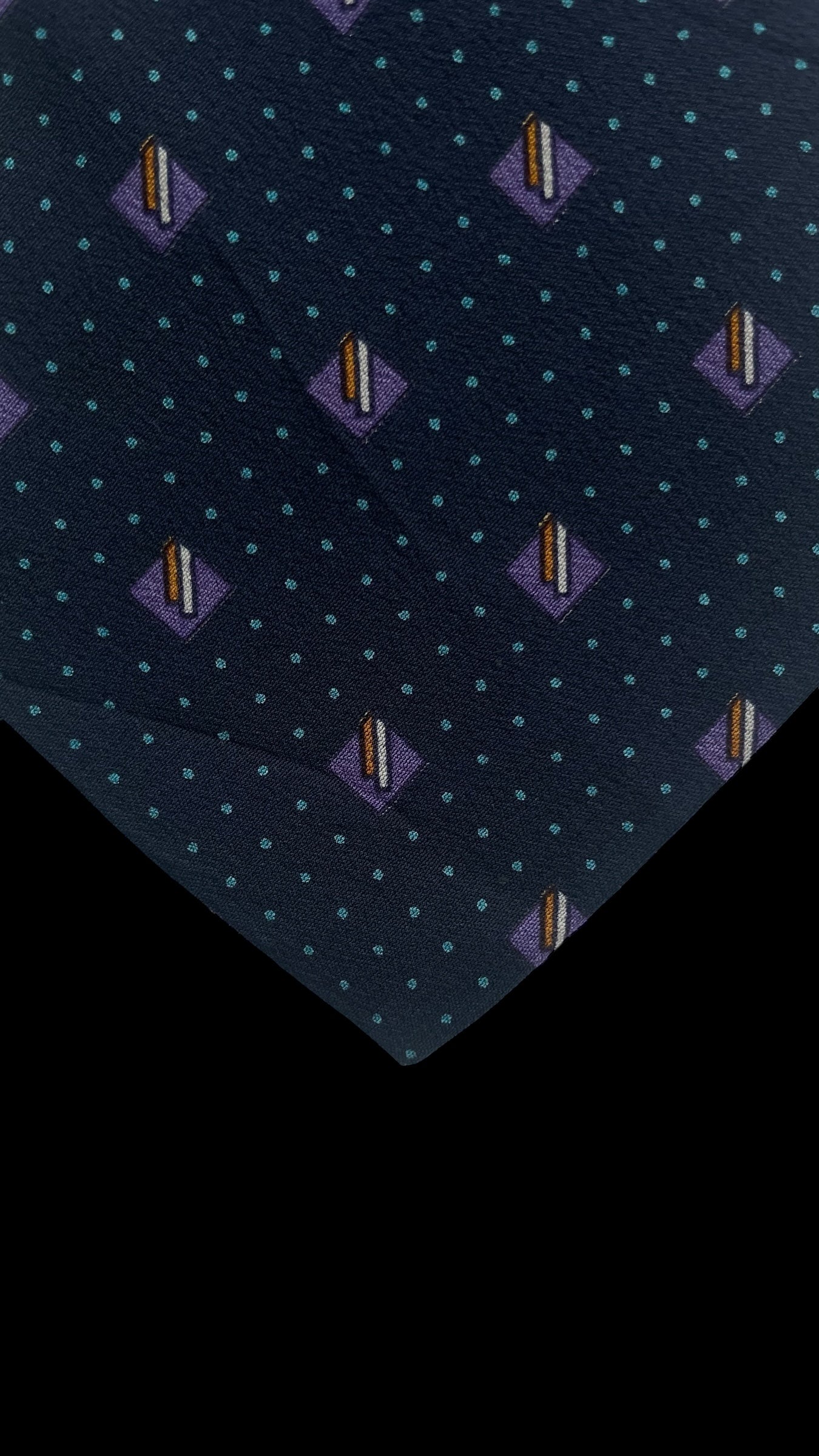 Navy Blue Geometric/Dots Vintage Crepe Silk Tie by BALENCIAGA (7.6 cm by 143 cm) Medium front size.