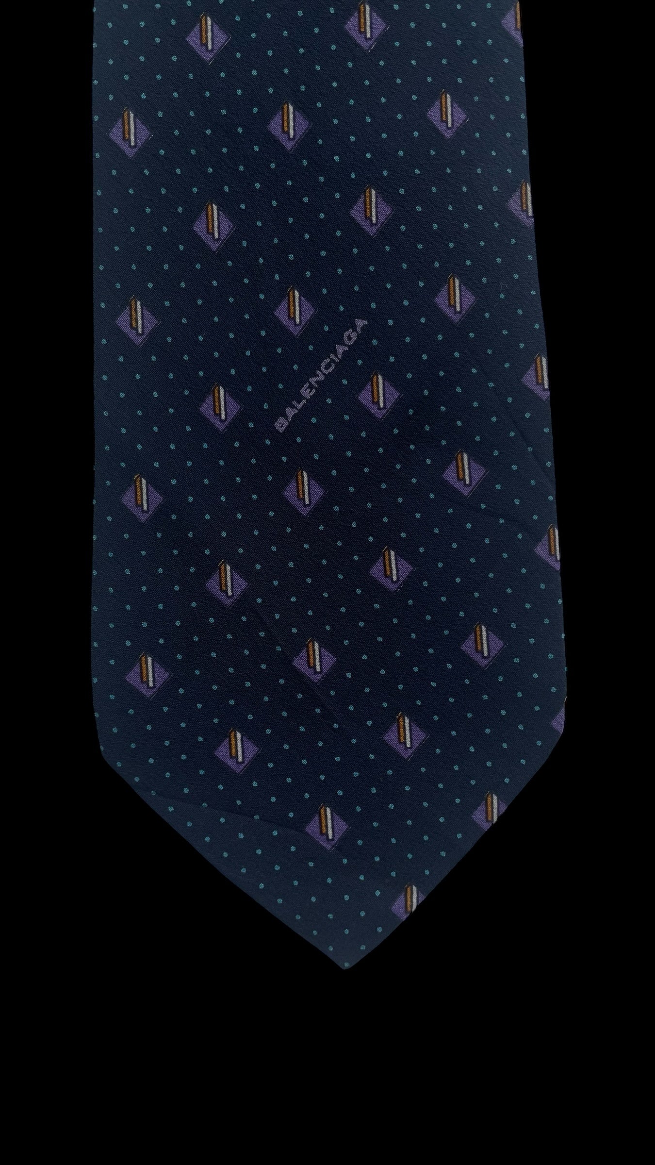 Navy Blue Geometric/Dots Vintage Crepe Silk Tie by BALENCIAGA (7.6 cm by 143 cm) Medium front size.