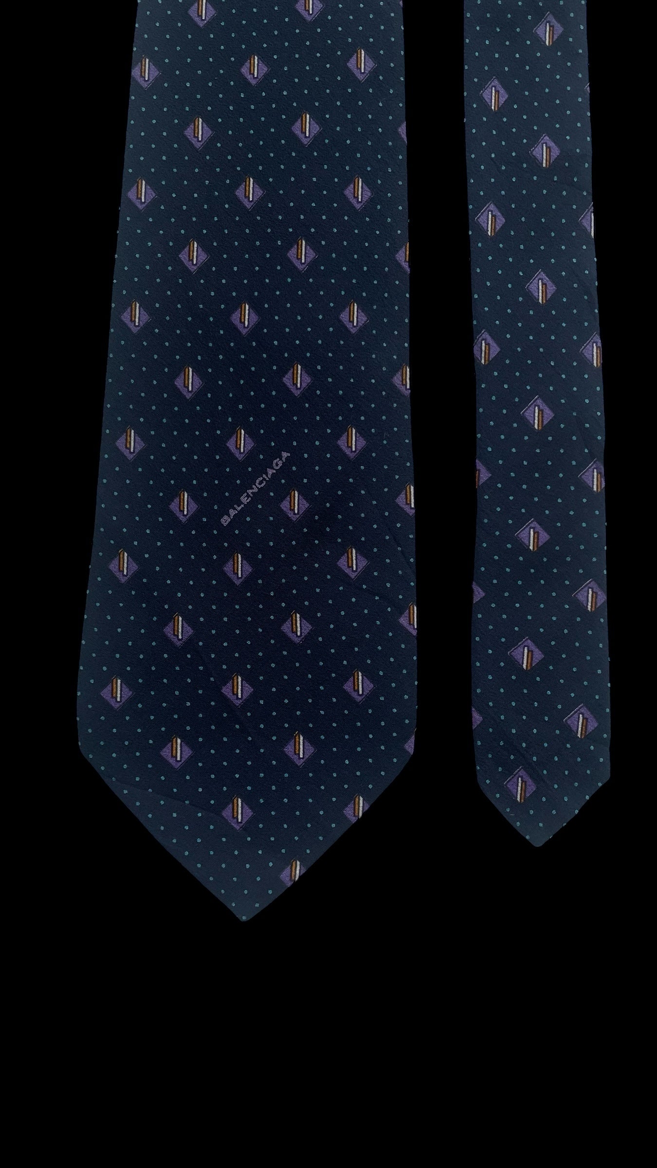 Navy Blue Geometric/Dots Vintage Crepe Silk Tie by BALENCIAGA (7.6 cm by 143 cm) Medium front size.