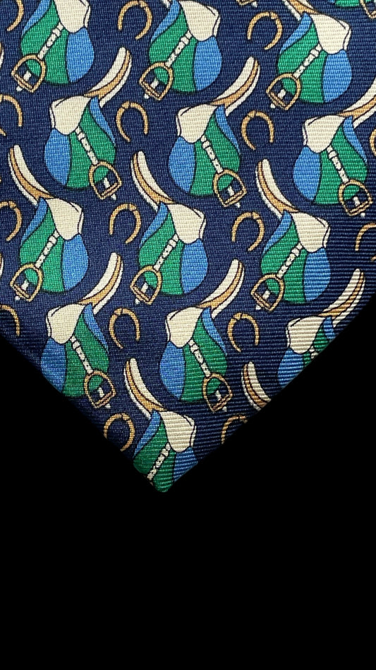 BALENCIAGA Vintage Navy Blue Equestrian Silk Tie (9 cm by 147 cm)