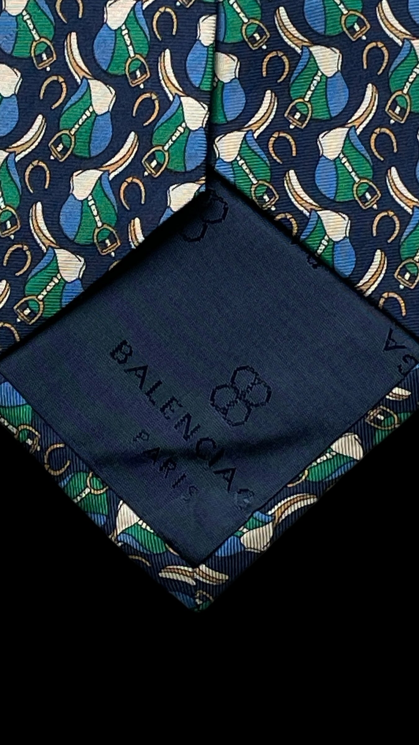 BALENCIAGA Vintage Navy Blue Equestrian Silk Tie (9 cm by 147 cm)