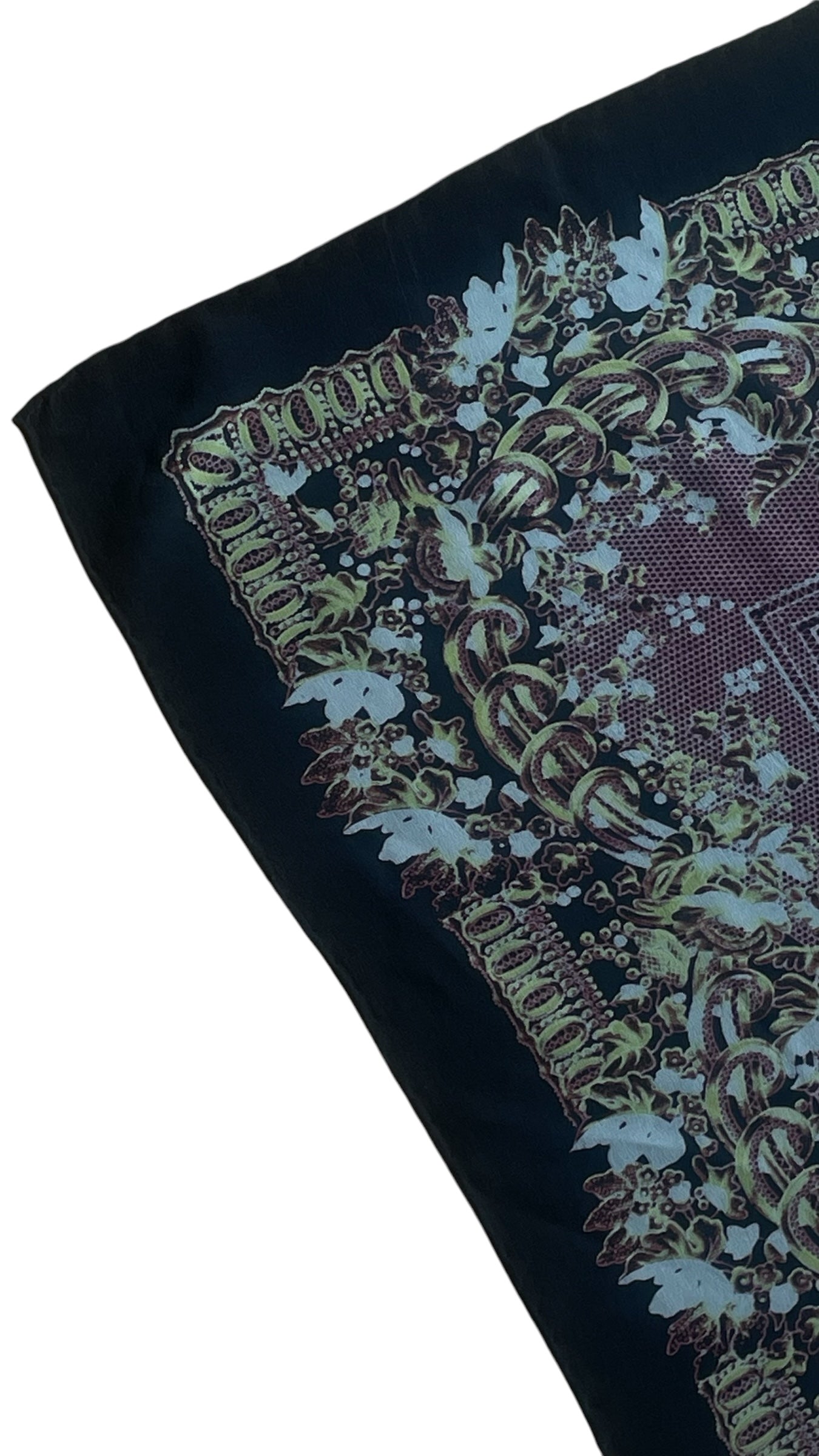 Vintage Black Polka Dots/ Baroque Crepe Silk Scarf by GIANNI VERSACE (84 cm by 90 cm) Hand rolled edges.