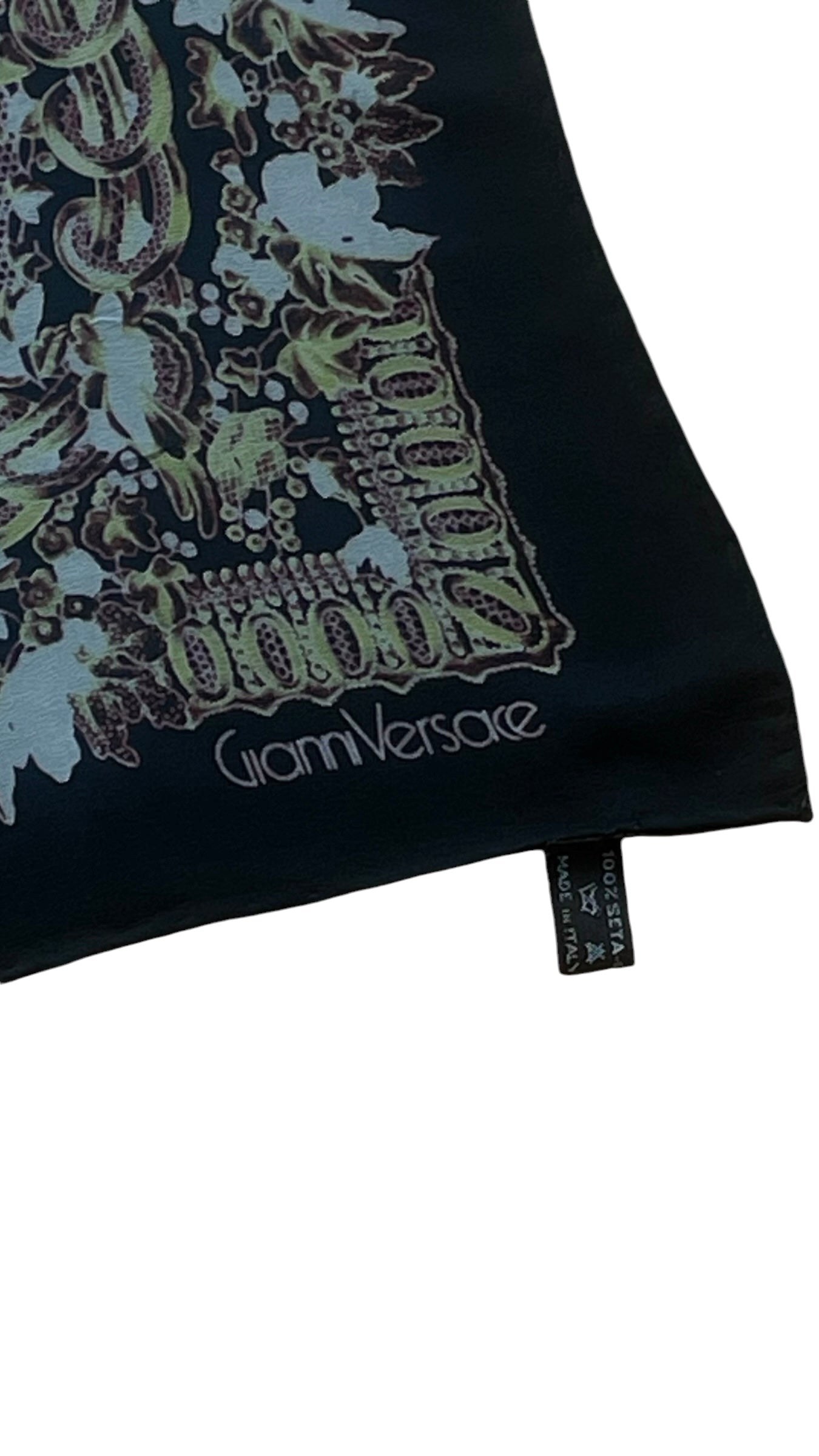 Vintage Black Polka Dots/ Baroque Crepe Silk Scarf by GIANNI VERSACE (84 cm by 90 cm) Hand rolled edges.