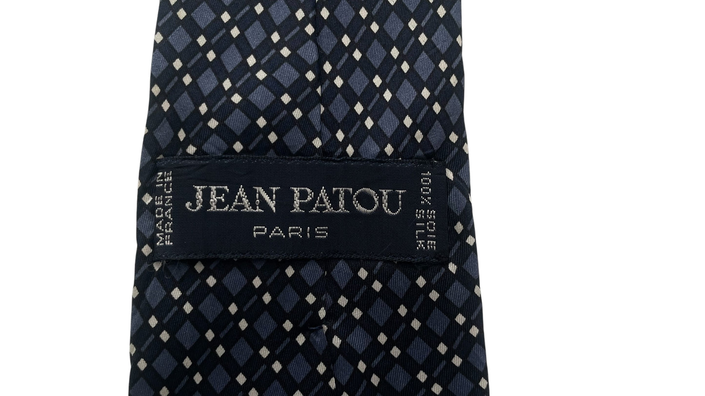 JEAN PATOU Vintage Navy Blue Geometric Crepe Silk Tie (8.4 cm by 147 cm) Medium Front Size.