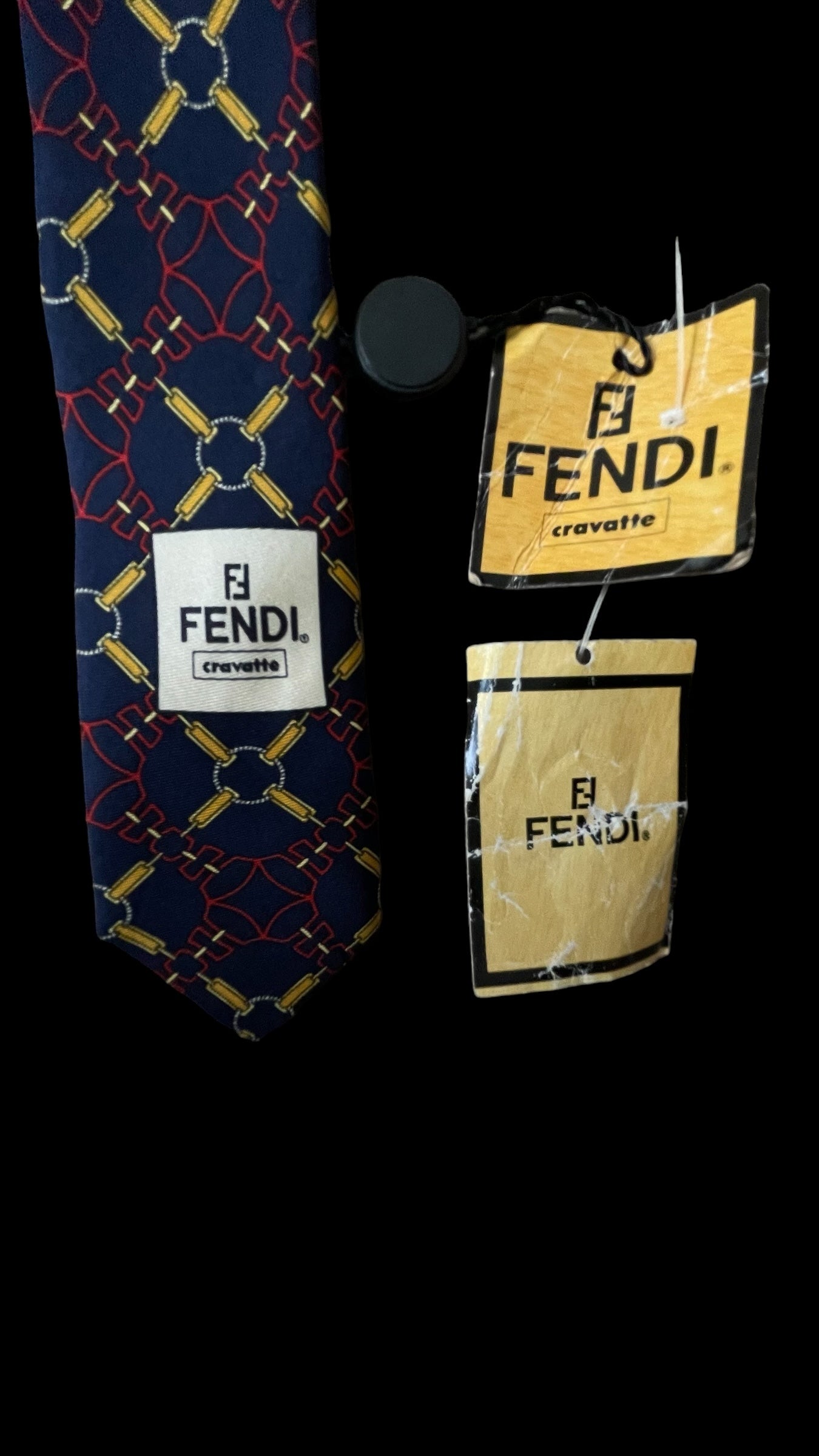 Vintage navy blue Equestrian silk tie by FENDI (10.3 cm by 143 cm)