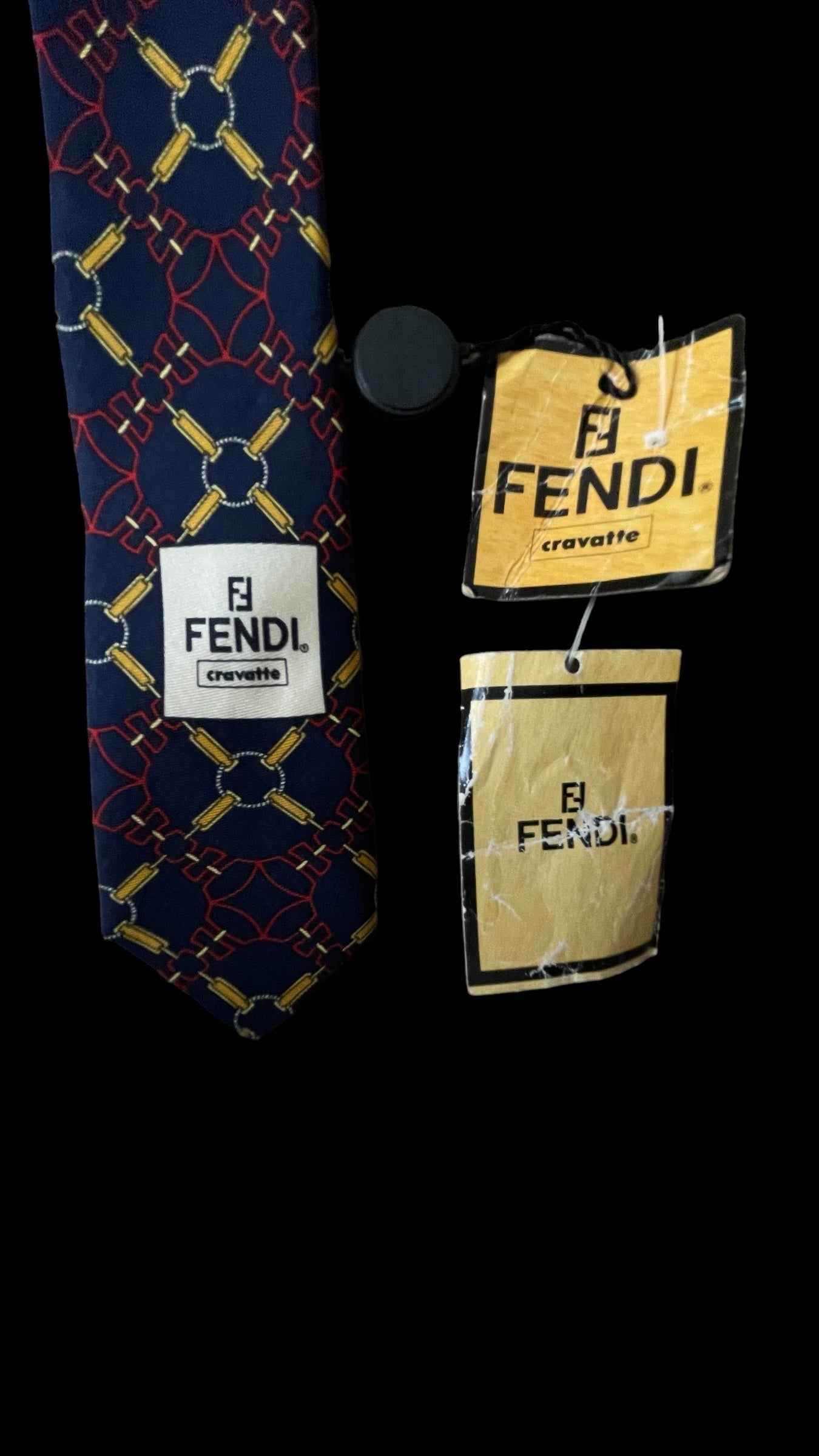 Vintage navy blue Equestrian silk tie by FENDI (10.3 cm by 143 cm)