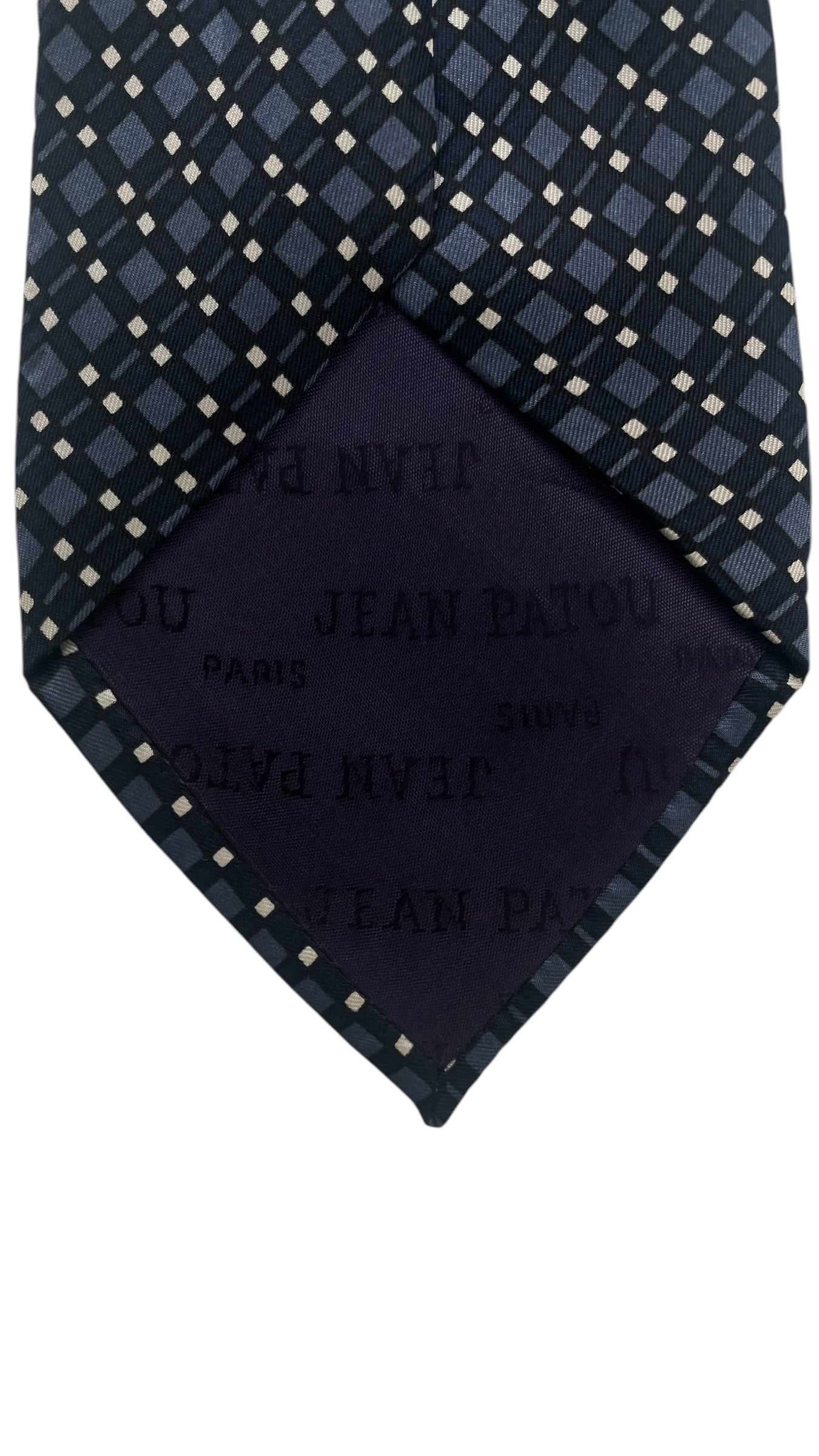 JEAN PATOU Vintage Navy Blue Geometric Crepe Silk Tie (8.4 cm by 147 cm) Medium Front Size.