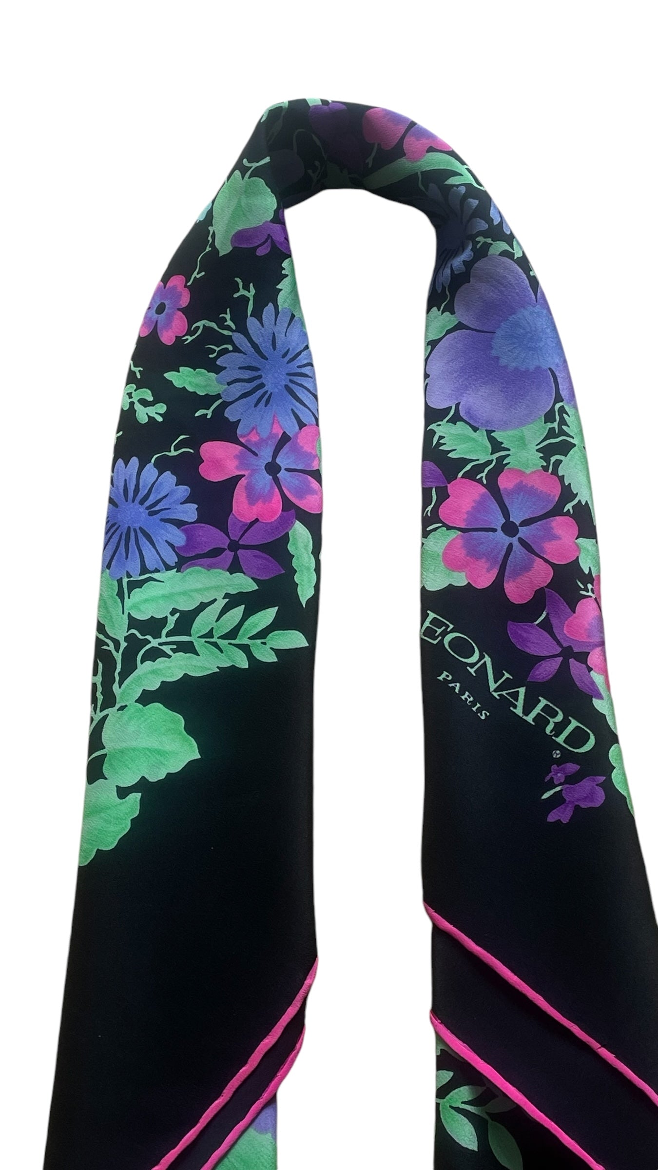 LEONARD Vintage Black Floral Crepe Silk Scarf (86 cm by 86 cm) Hand rolled edges.