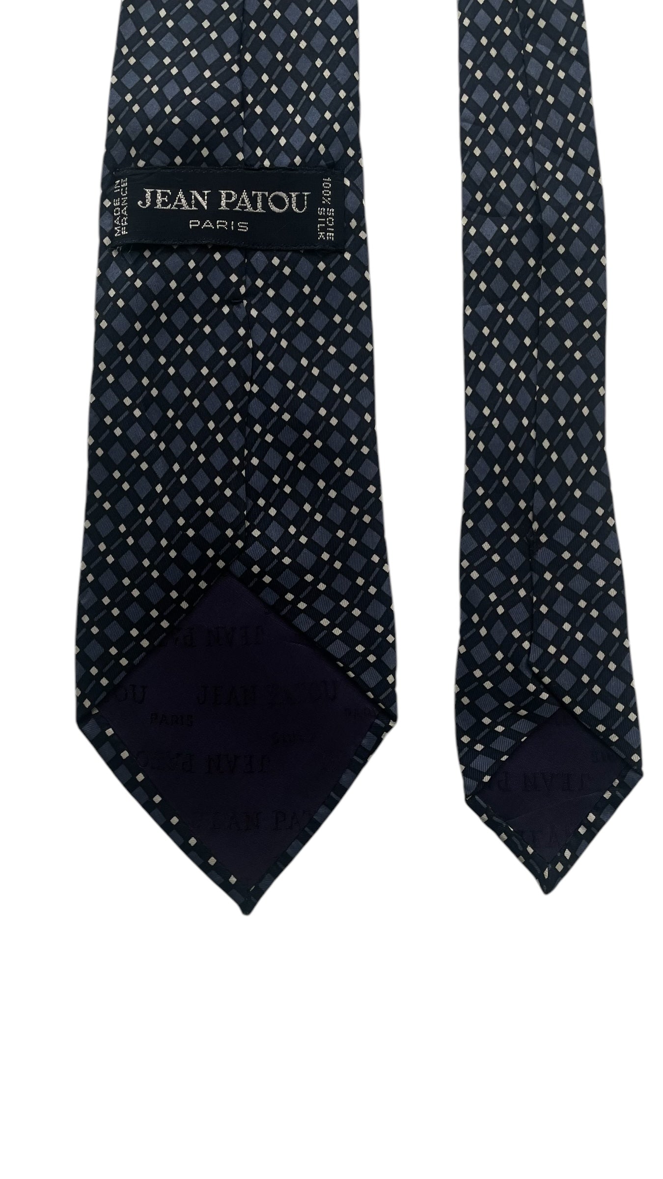 JEAN PATOU Vintage Navy Blue Geometric Crepe Silk Tie (8.4 cm by 147 cm) Medium Front Size.