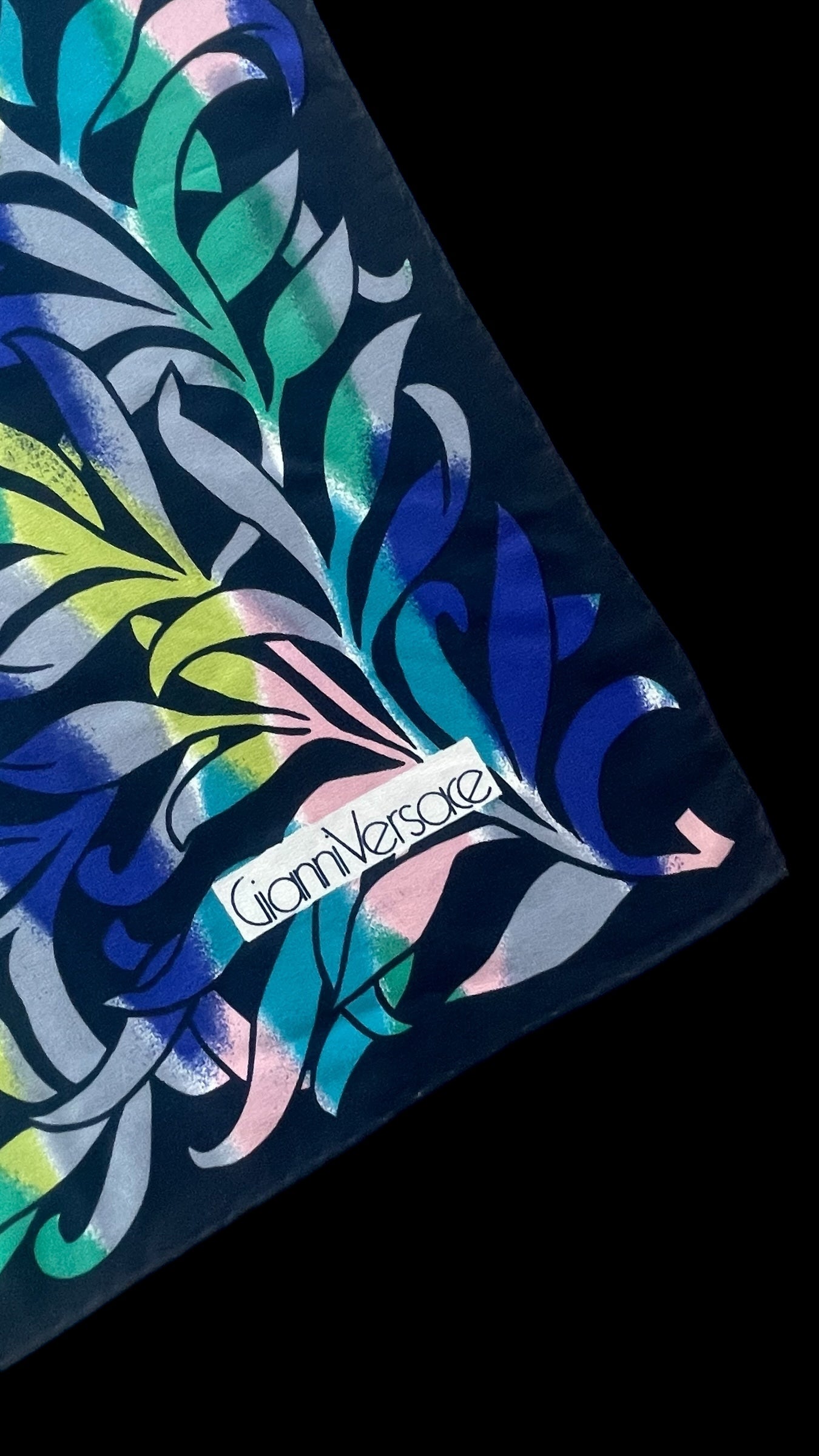 GIANNI VERSACE Vintage Black Abstract/Floral Crepe Silk Scarf (82 cm by 85 cm) Hand rolled edges.