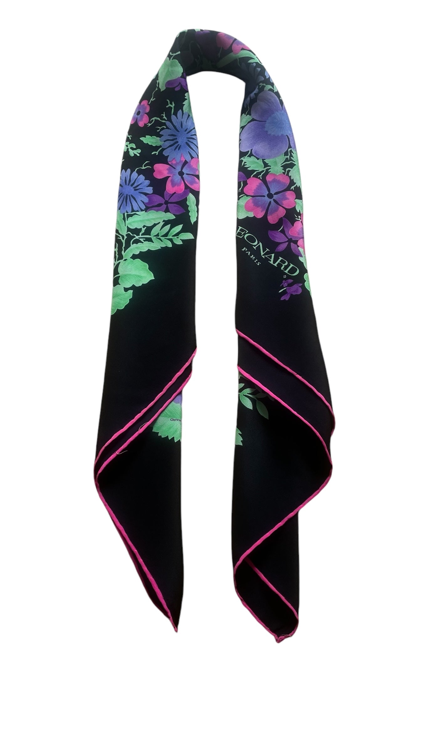 LEONARD Vintage Black Floral Crepe Silk Scarf (86 cm by 86 cm) Hand rolled edges.