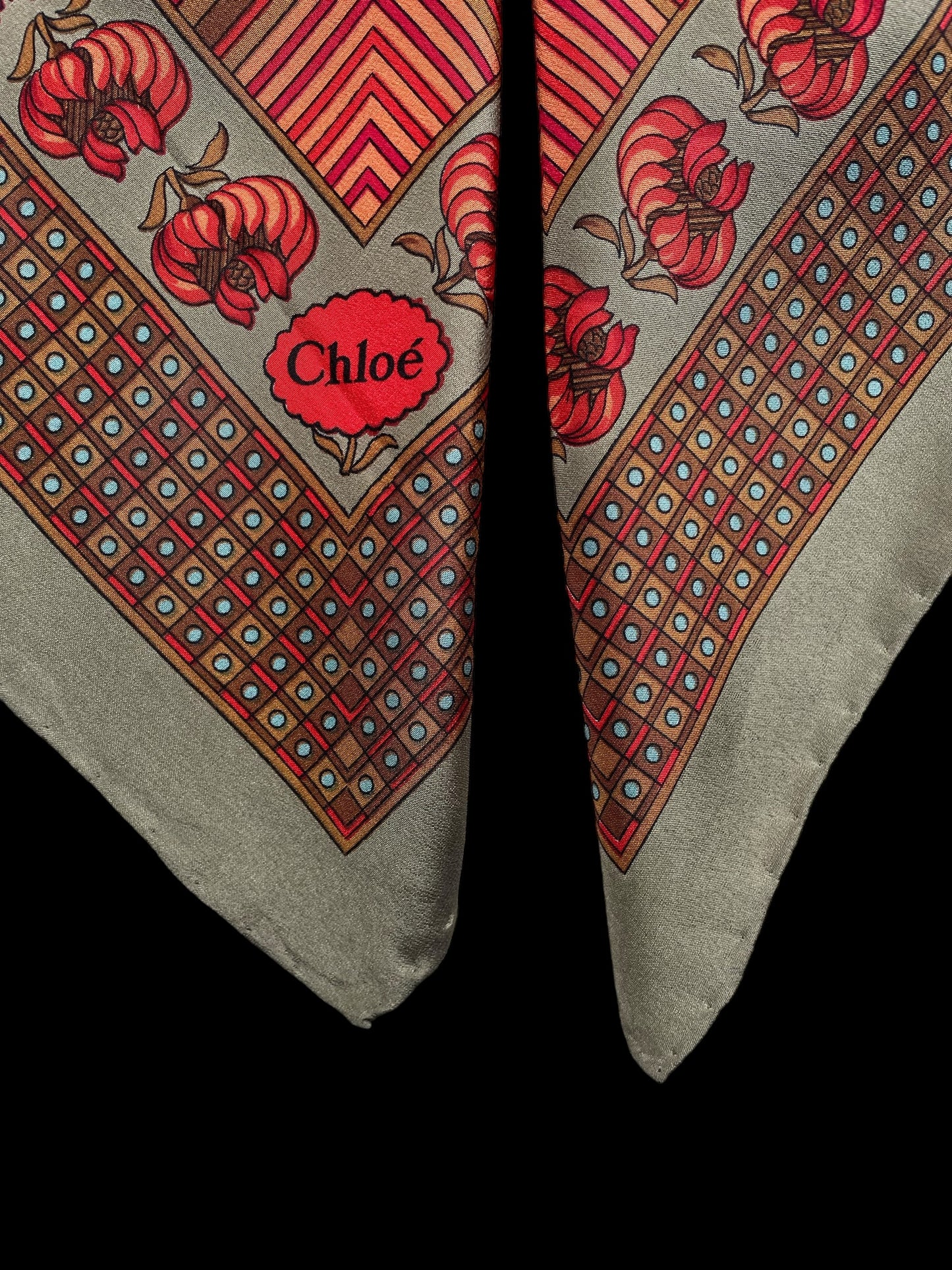 Vintage Crepe Silk Scarf by CHLOE (87 cm by 90 cm) hand rolled hem.