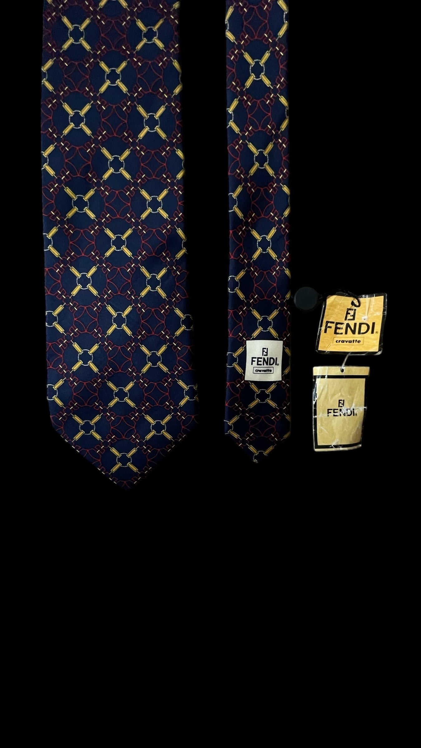 Vintage navy blue Equestrian silk tie by FENDI (10.3 cm by 143 cm)