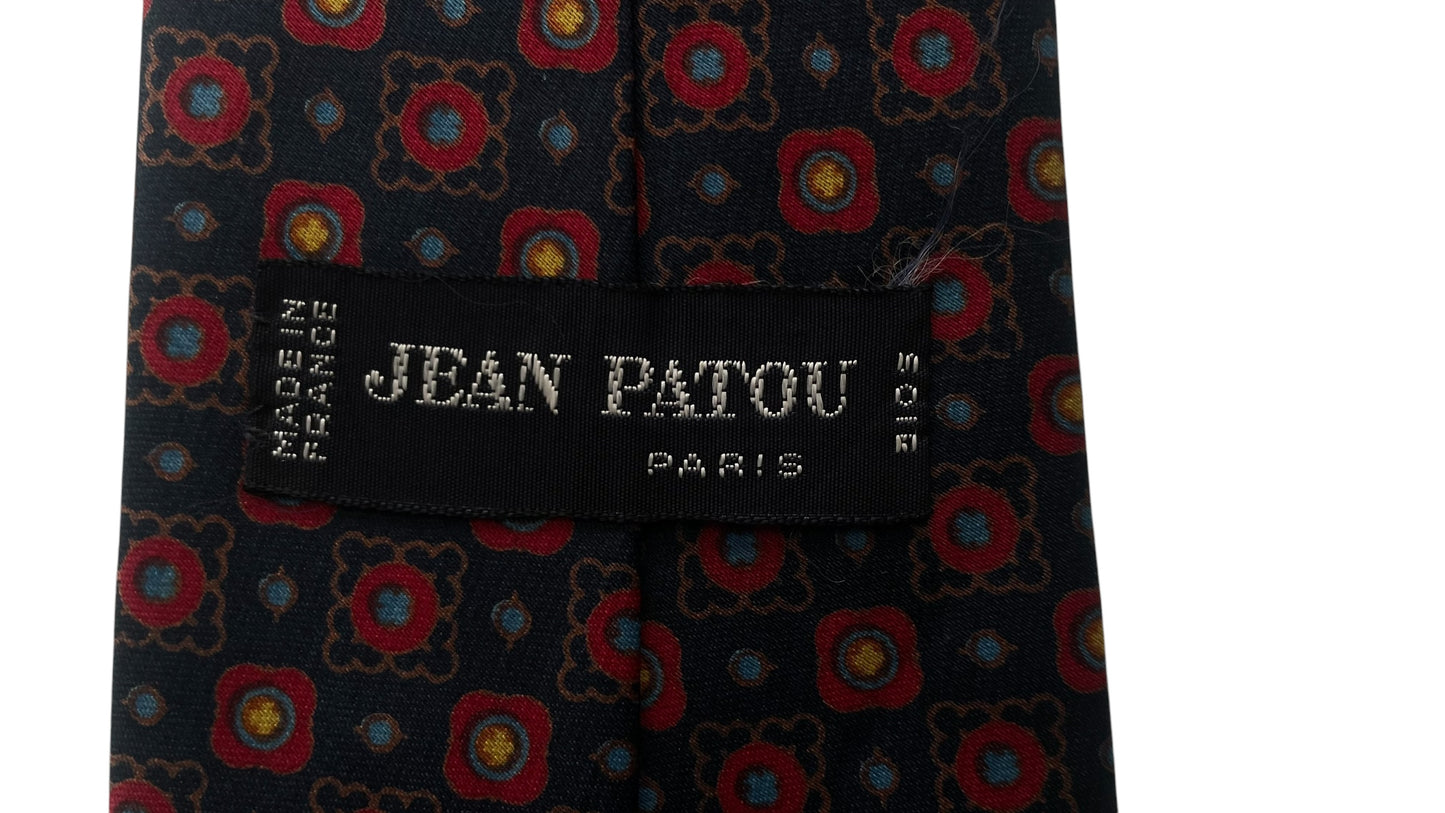 Vintage Navy Blue Paisley/Geometric Crepe Silk Tie by JEAN PATOU (8.7 cm by 132 cm) Medium Front Size.