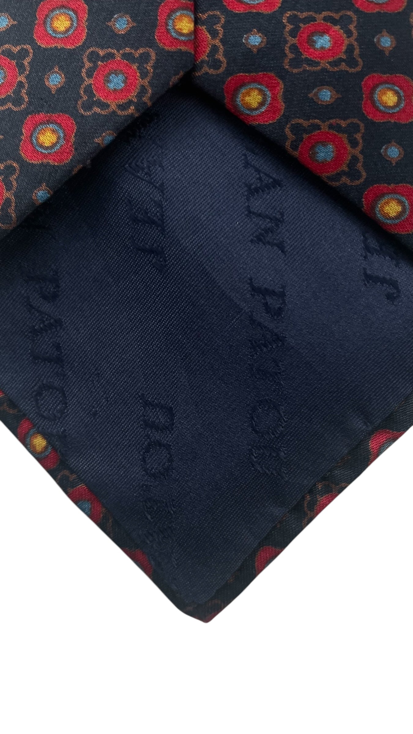 Vintage Navy Blue Paisley/Geometric Crepe Silk Tie by JEAN PATOU (8.7 cm by 132 cm) Medium Front Size.