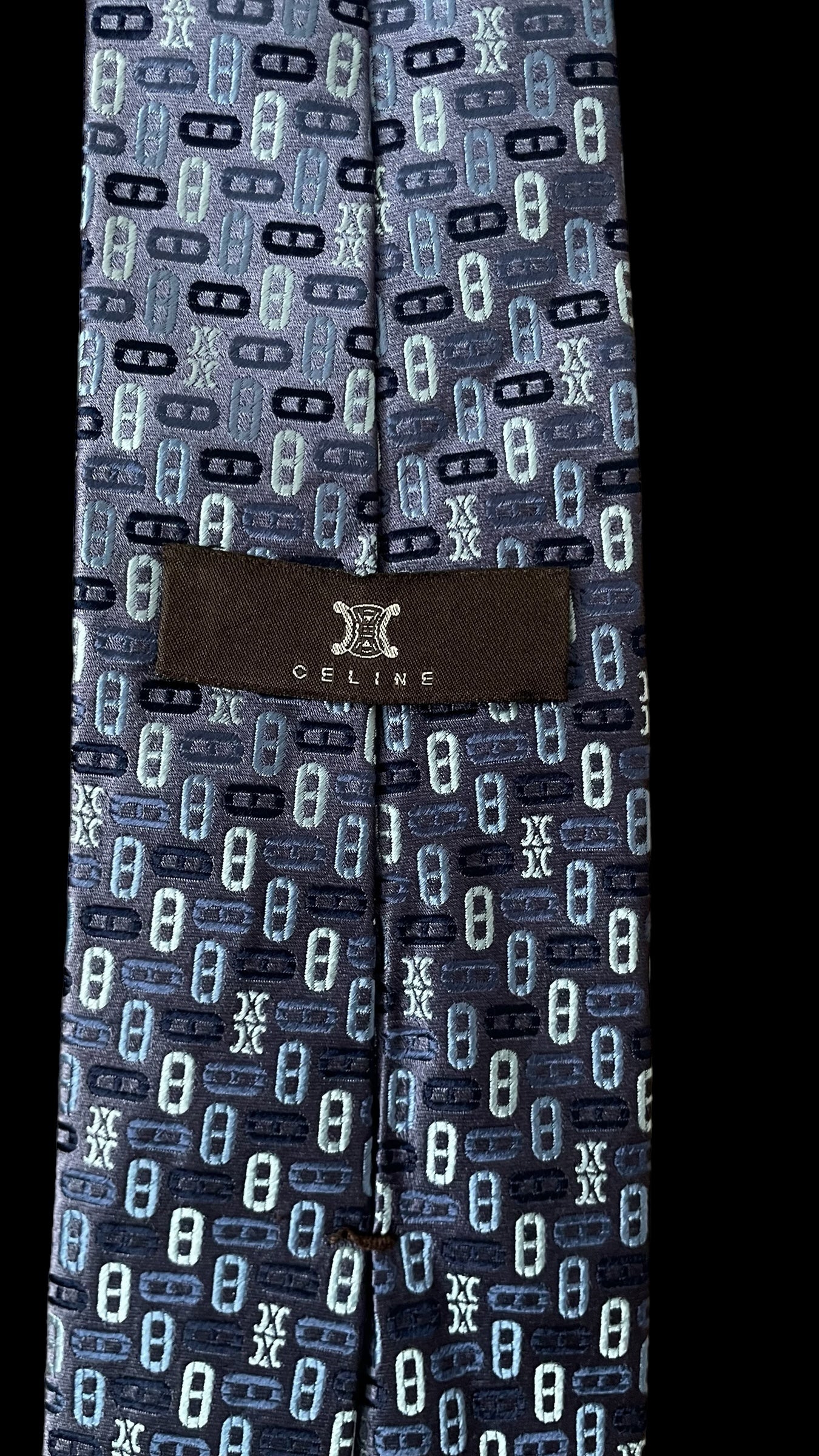 Vintage blue geometric logos silk tie by CELINE (9.2 cm by 151 cm)