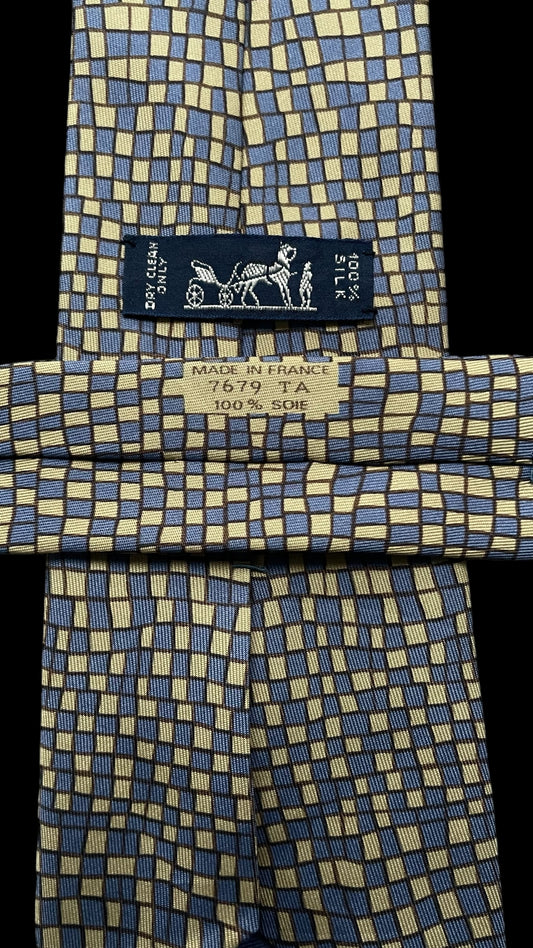 HERMES Vintage Blue Geometric Silk Tie (8.7 cm by 146 cm)