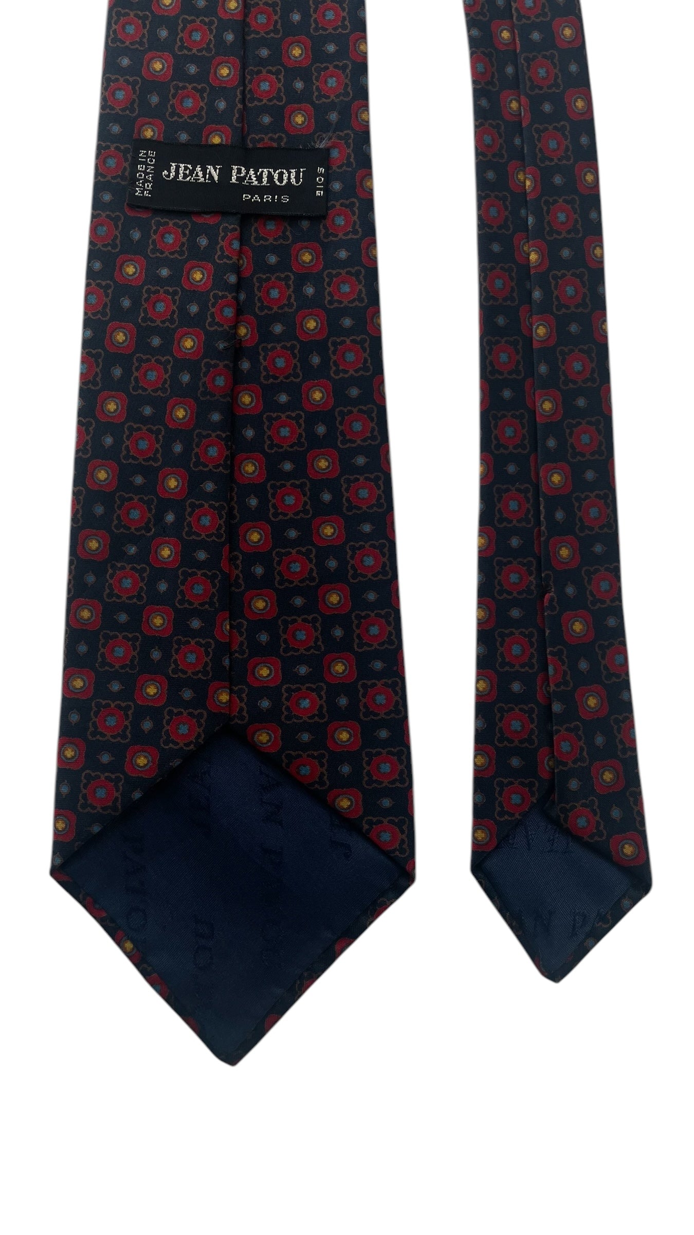 Vintage Navy Blue Paisley/Geometric Crepe Silk Tie by JEAN PATOU (8.7 cm by 132 cm) Medium Front Size.