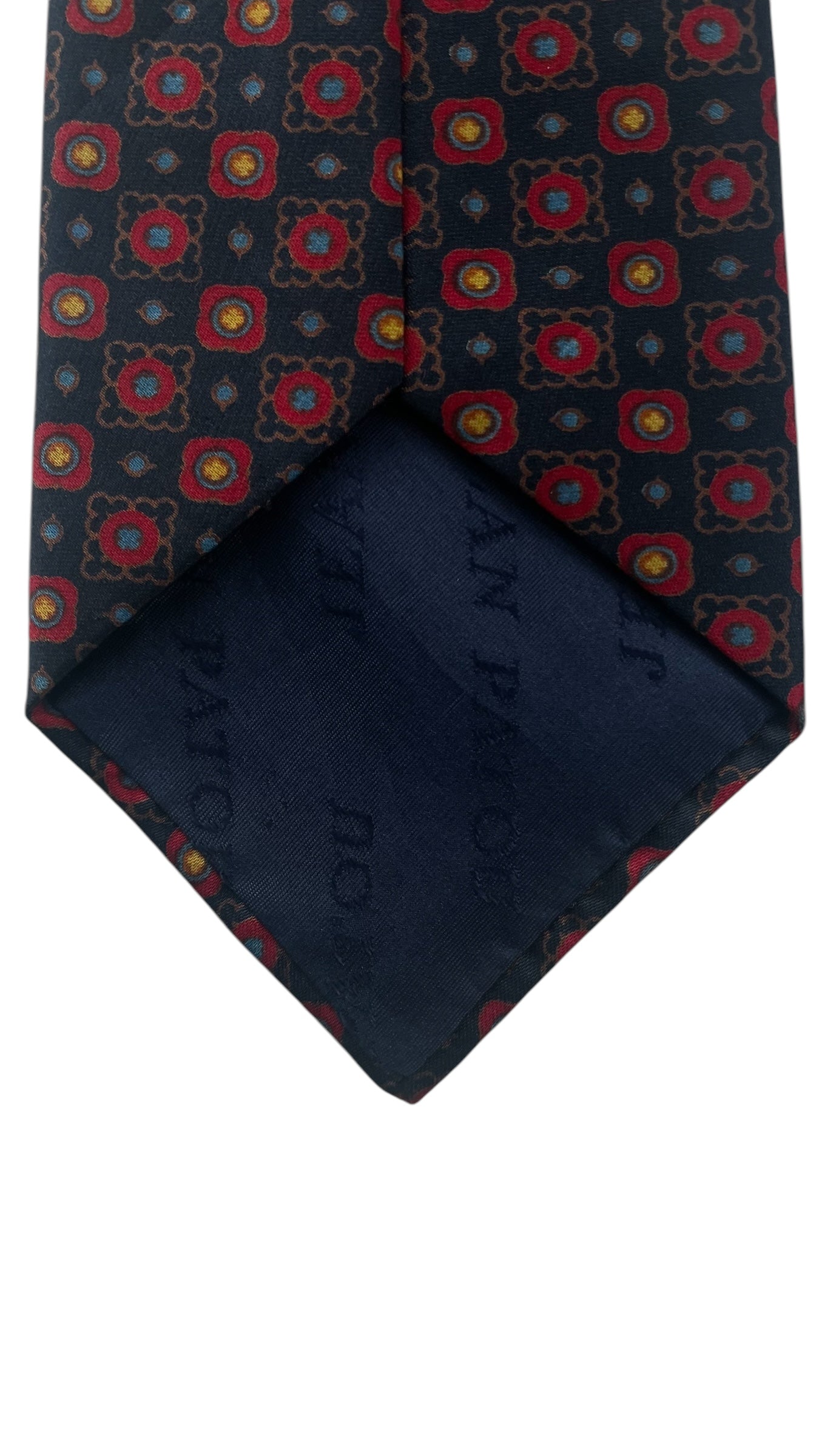 Vintage Navy Blue Paisley/Geometric Crepe Silk Tie by JEAN PATOU (8.7 cm by 132 cm) Medium Front Size.