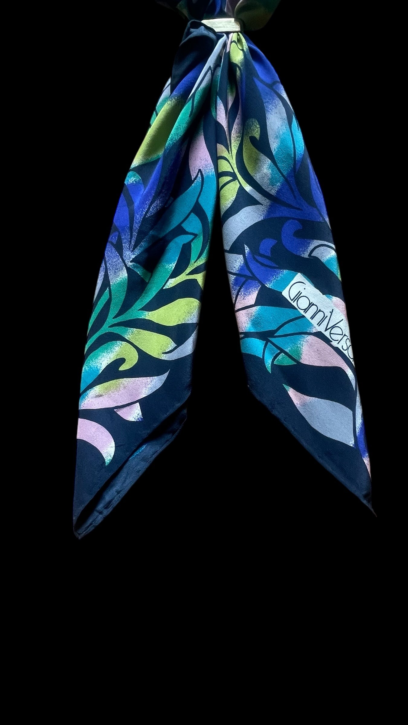 GIANNI VERSACE Vintage Black Abstract/Floral Crepe Silk Scarf (82 cm by 85 cm) Hand rolled edges.