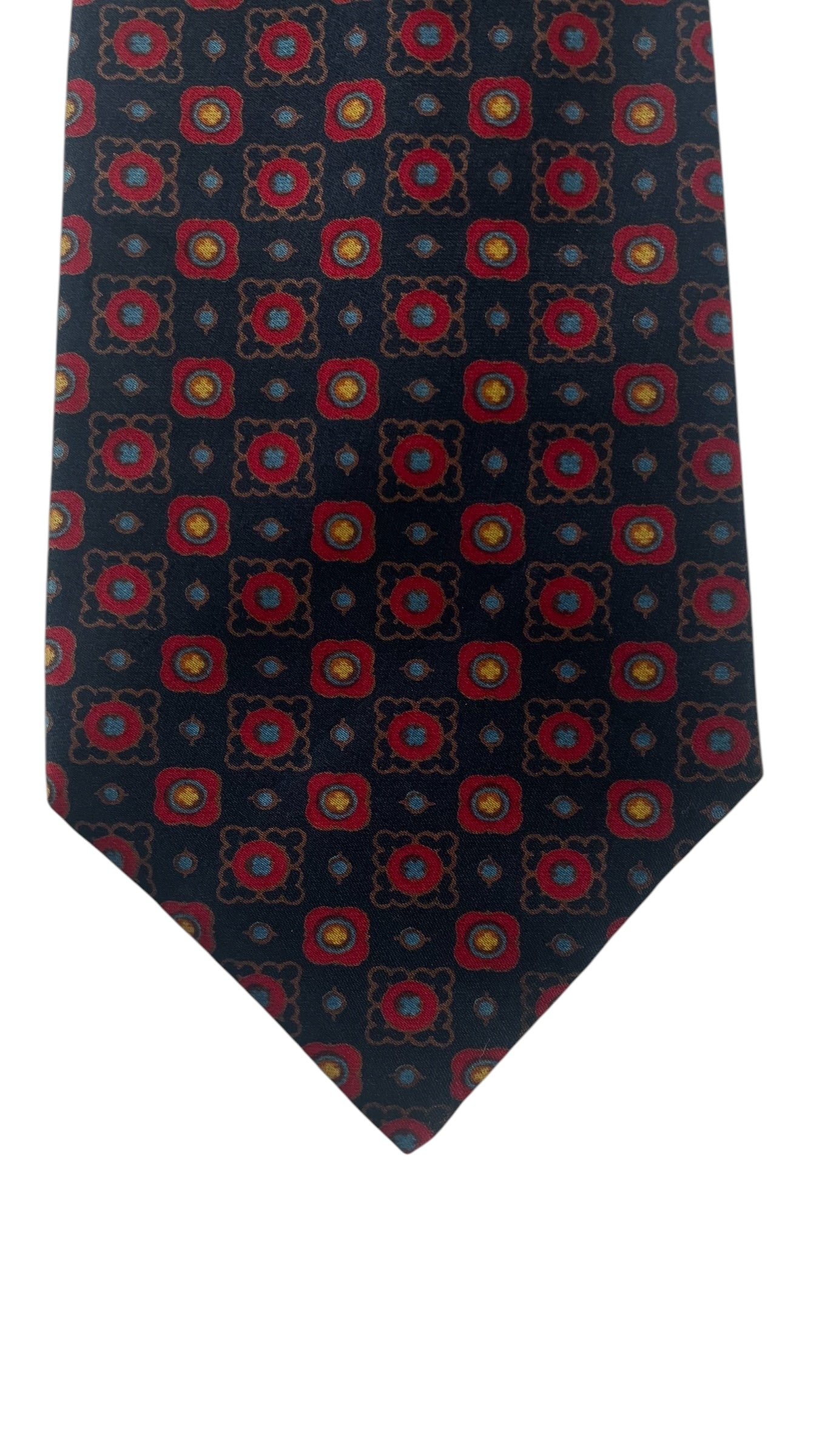 Vintage Navy Blue Paisley/Geometric Crepe Silk Tie by JEAN PATOU (8.7 cm by 132 cm) Medium Front Size.