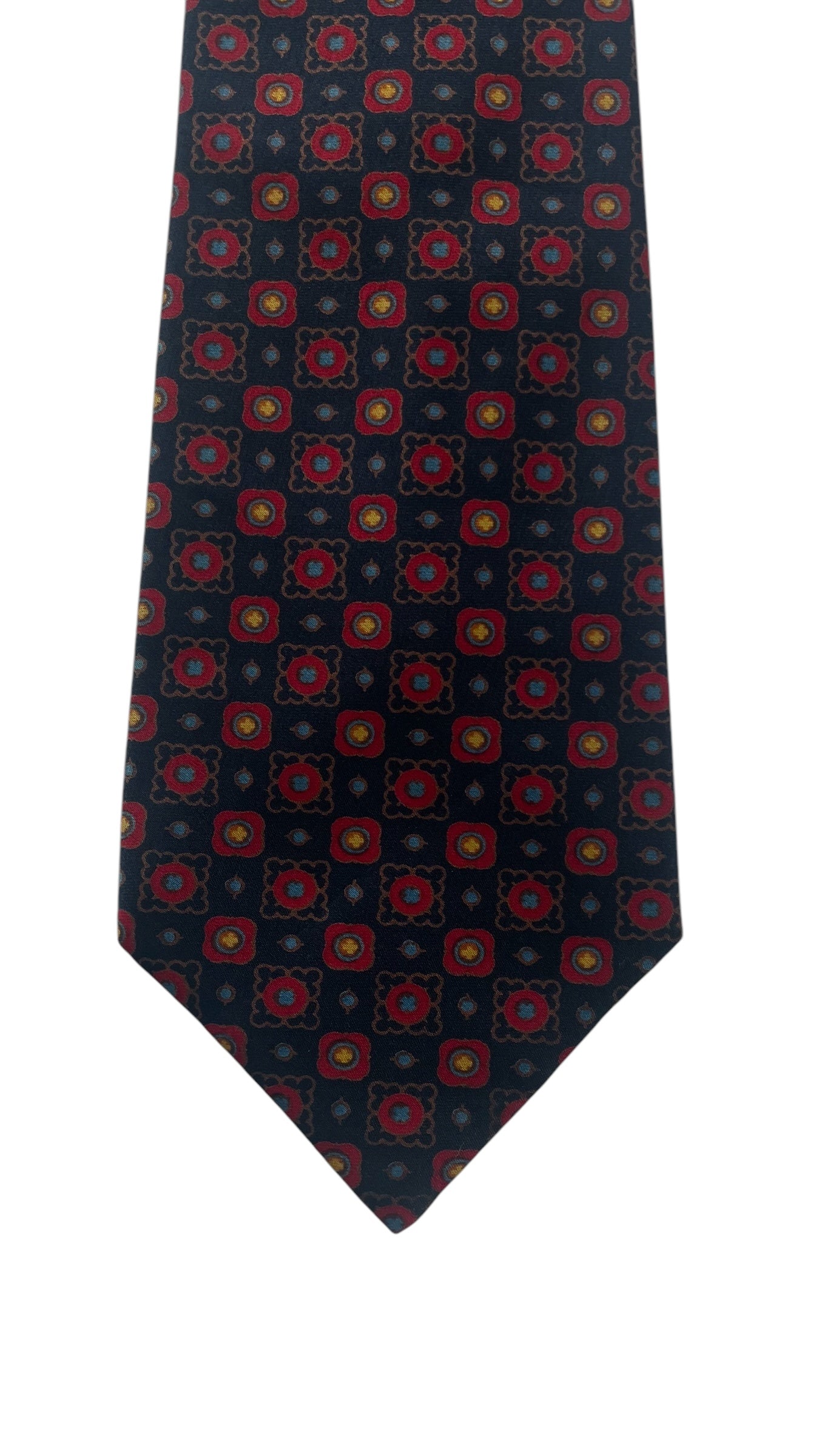 Vintage Navy Blue Paisley/Geometric Crepe Silk Tie by JEAN PATOU (8.7 cm by 132 cm) Medium Front Size.